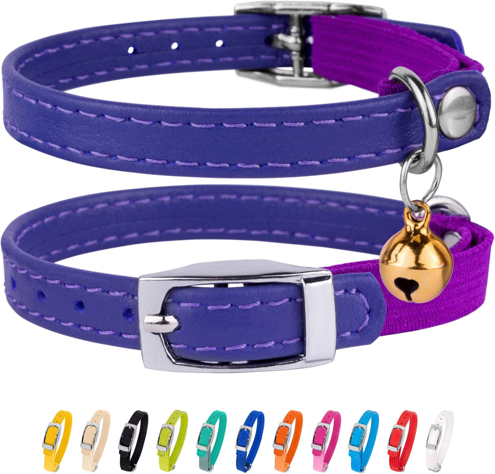 CollarDirect Leather Cat Collar, Cat Safety Collar with Elastic Strap, Kitten Collar for Cat with Bell Black Blue Red Orange Lime Green (Neck Fit 6"-7", Purple)