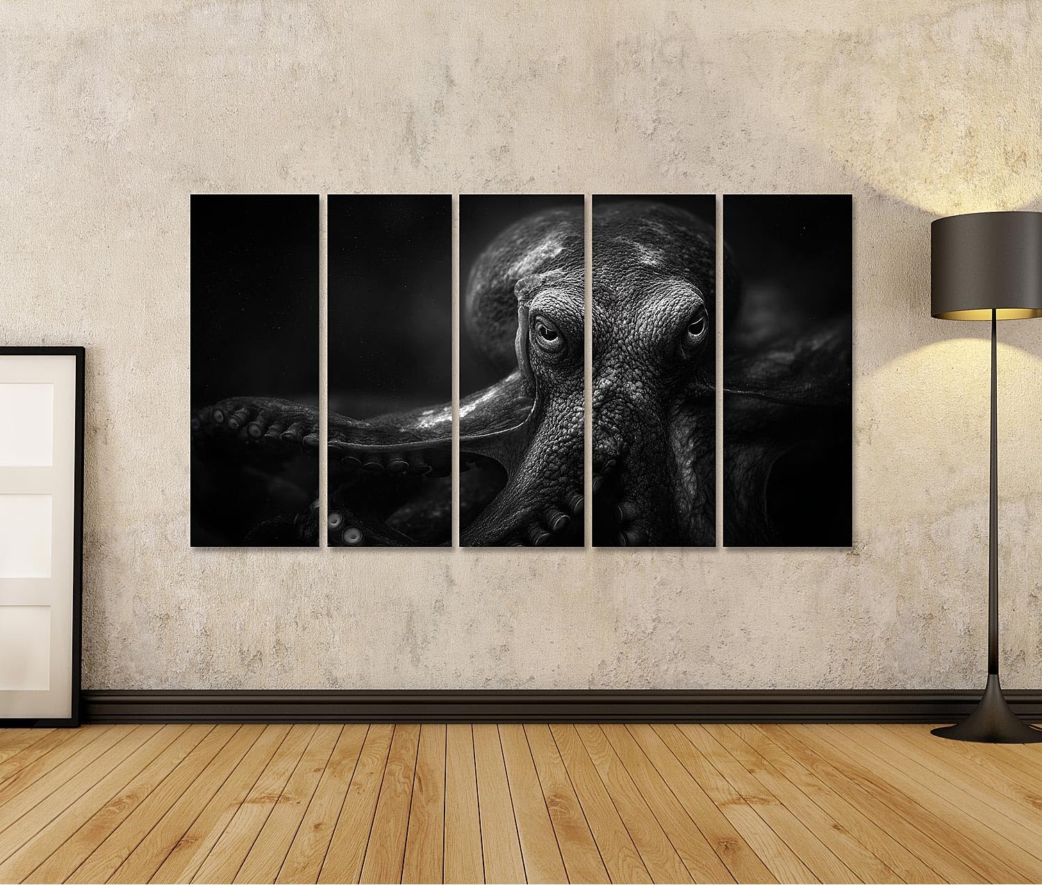 islandburner Bild auf Leinwand Schwarz-Weiß Wandbild Oktopus Detailaufnahme für Aquaristik - 5-teilig XXL