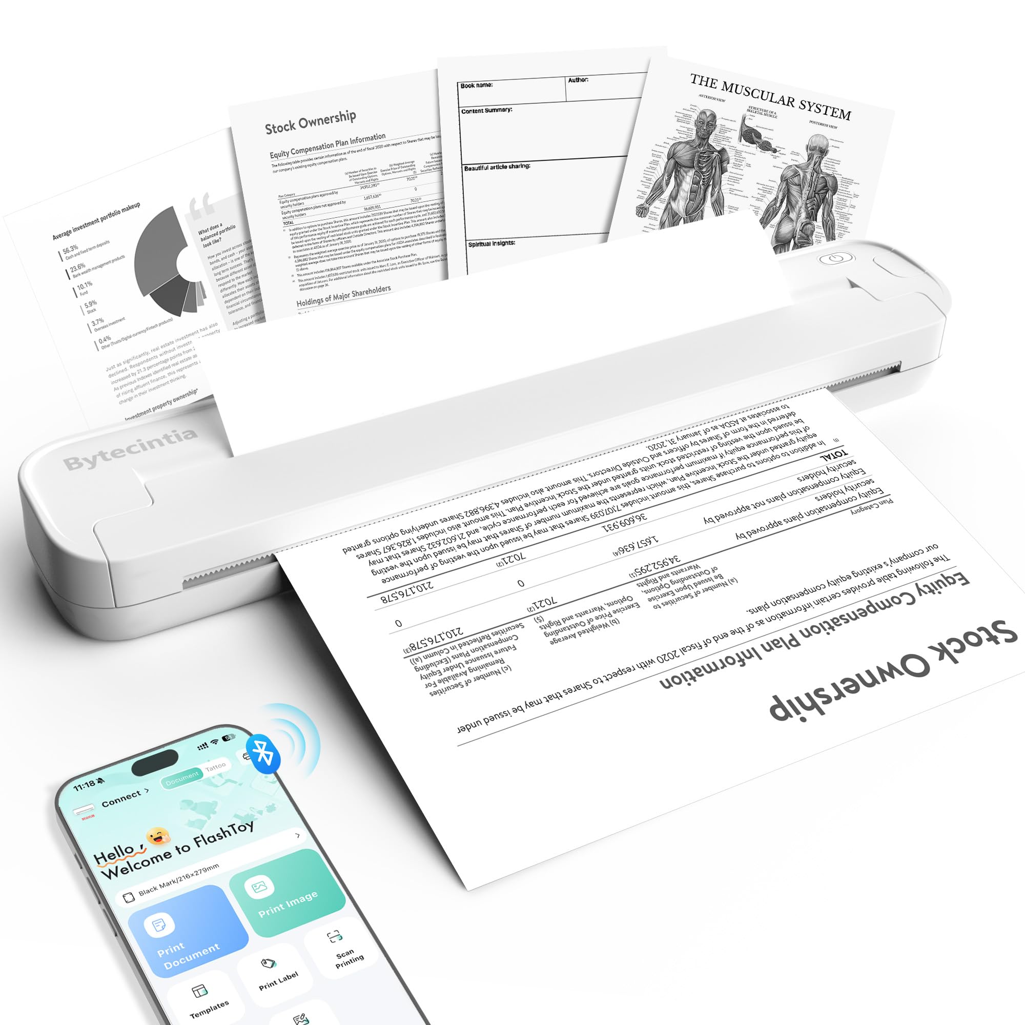 Impresora Portátil, Impresora Térmica Bluetooth de Viaje, Compatible con iPhone Android y PC, para Teletrabajo, Coche, Plantillas Tatuajes, Blanco