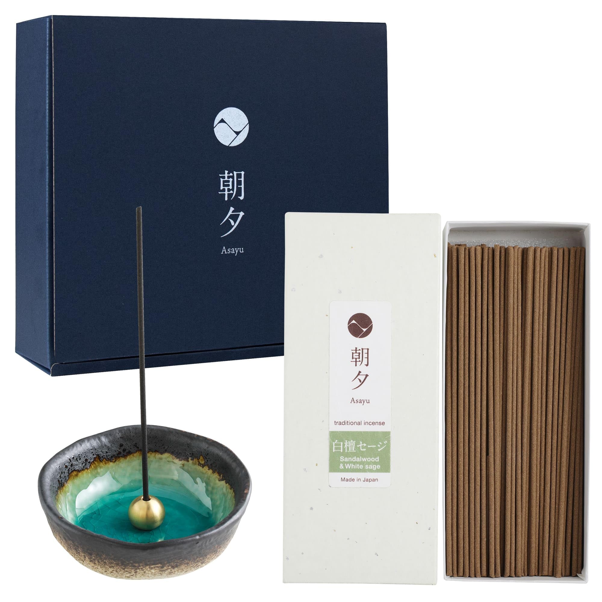 Asayu Japan Set di Bastoncini di Incenso Sandalo e Salvia Bianca con Supporto in Ottone - Mini Portaincenso + Incenso di Sandalo & White Sage Mix