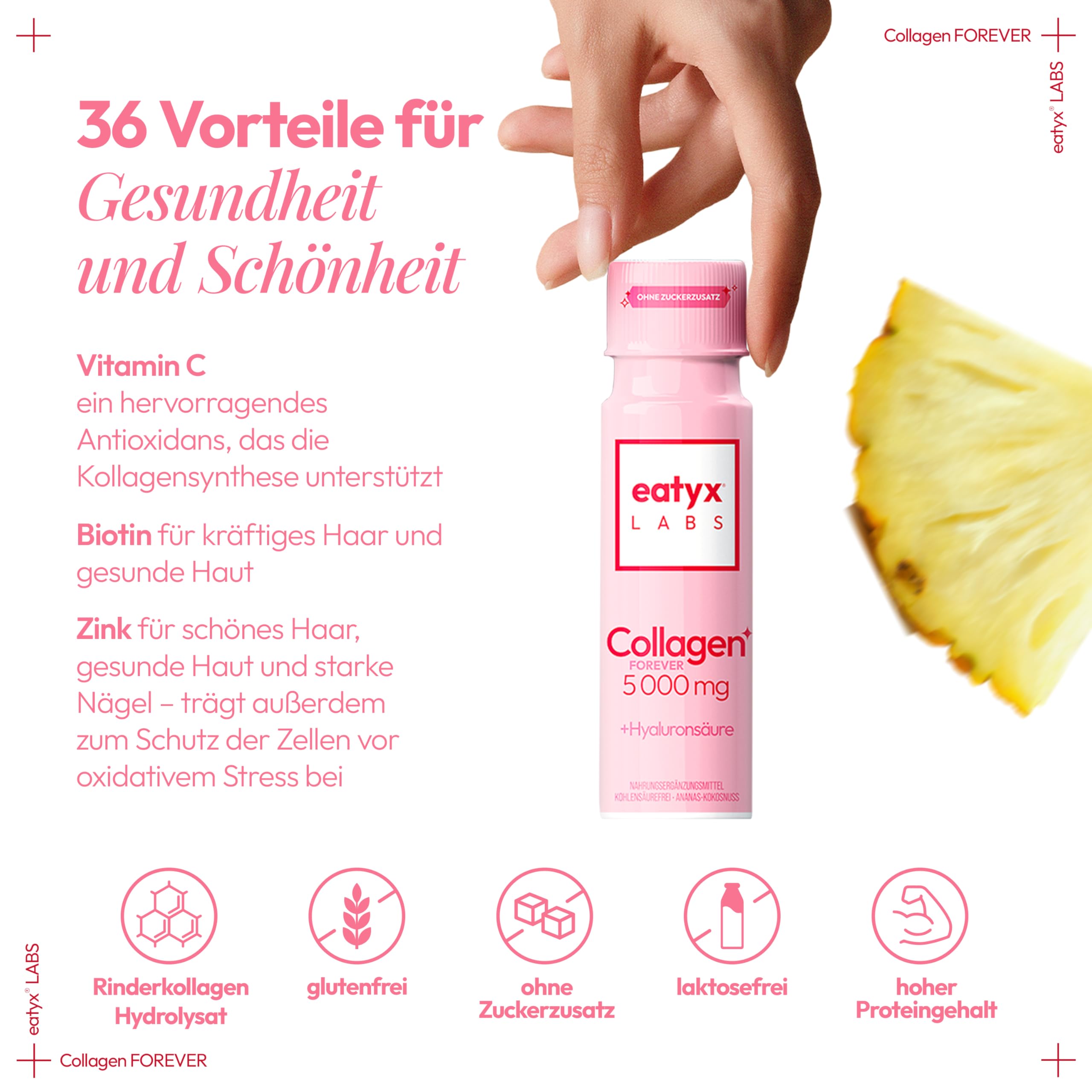 EATYX Labs Collagen Forever 30×80 ml – 30-dniowa kuracja kolagenowa 5000 mg, suplement diety na skórę, włosy i paznokcie, witaminy i kwas hialuronowy
