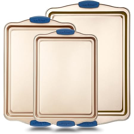 3-Piece Nonstick Baking Pan Set, Carbon Steel, Blue Handles, Gray main image 1
