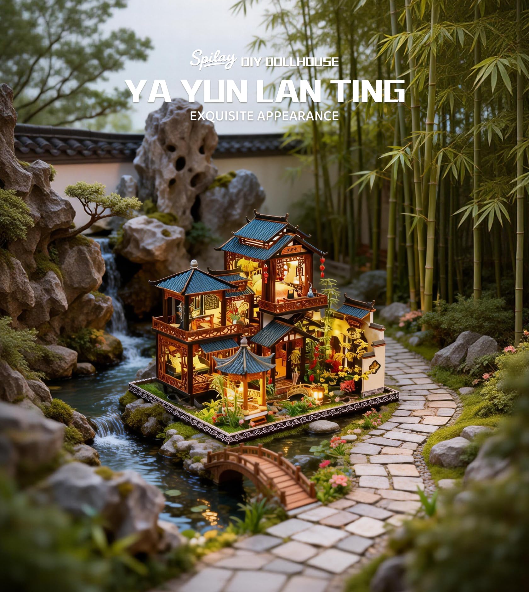 Spilay Miniatur Haus, Chinesisches Gartenhaus Puppenhaus Holz | DIY Miniature House mit LED-Licht, Staubschutz und Musikbox, 3D Puzzle Erwachsene, Miniatur Bausatz, Regal Deko Geschenk