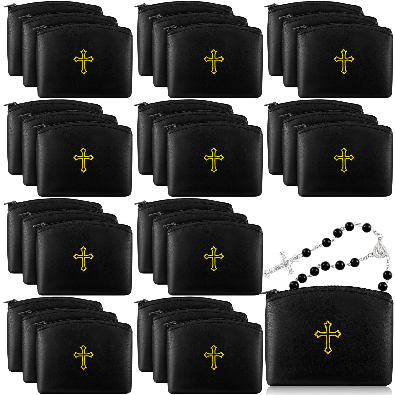 Shinylin 30 Pcs Rosary Pouches with Zipper Catholic Rosary Cases 4 x 3 Inches PU Leather Rosary Holder with Gold Cross Imprint (Black)