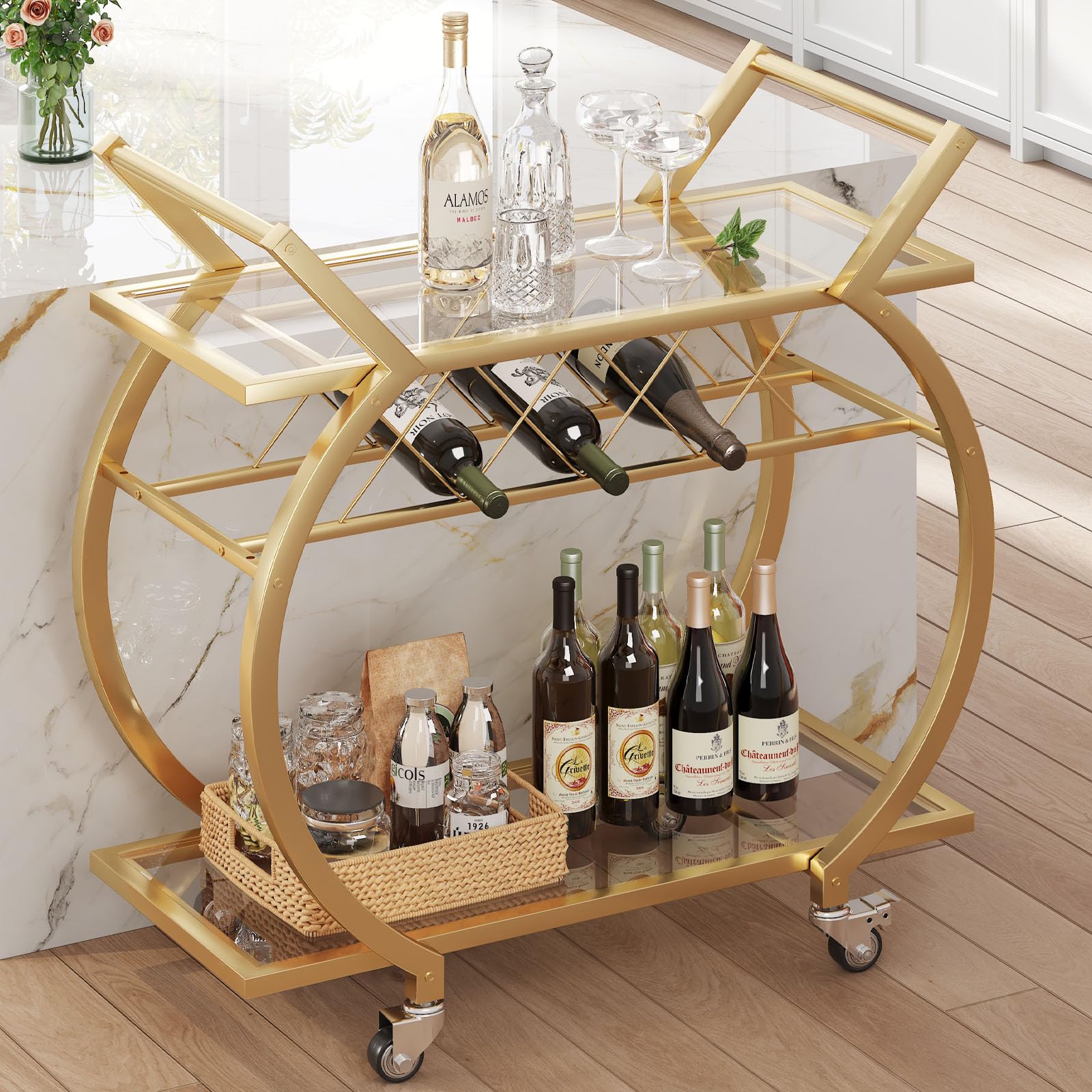 LVB Gold Bar Cart with Glass, Bar Cart with Wheels, Wine Cart with Storage