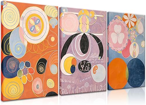 Abstract Geometric Wall Decor Set of 3 - Vintage Canvas Wall Art Inspired by Hilma Af Klint - Picture Poster Wall Art for Living Room, Bathroom,