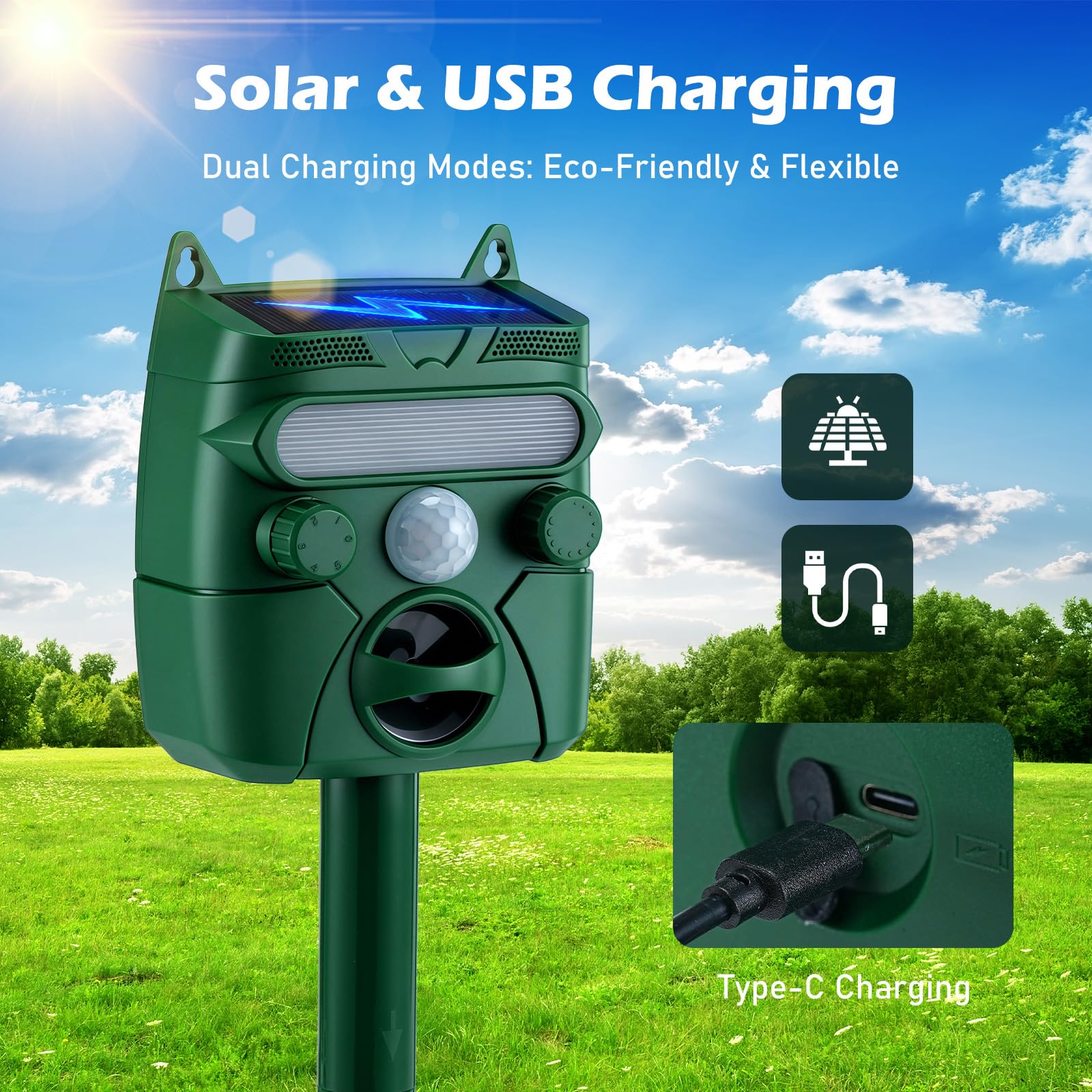 Ahuyentador Gatos, Exterior Solar Ultrasonidos Repelente Gatos con Sensor PIR Flash Estaca de Tierra Ahuyentador Palomas IP45 Impermeable con 5 Modos para Jardín Palomas Ratón Perro
