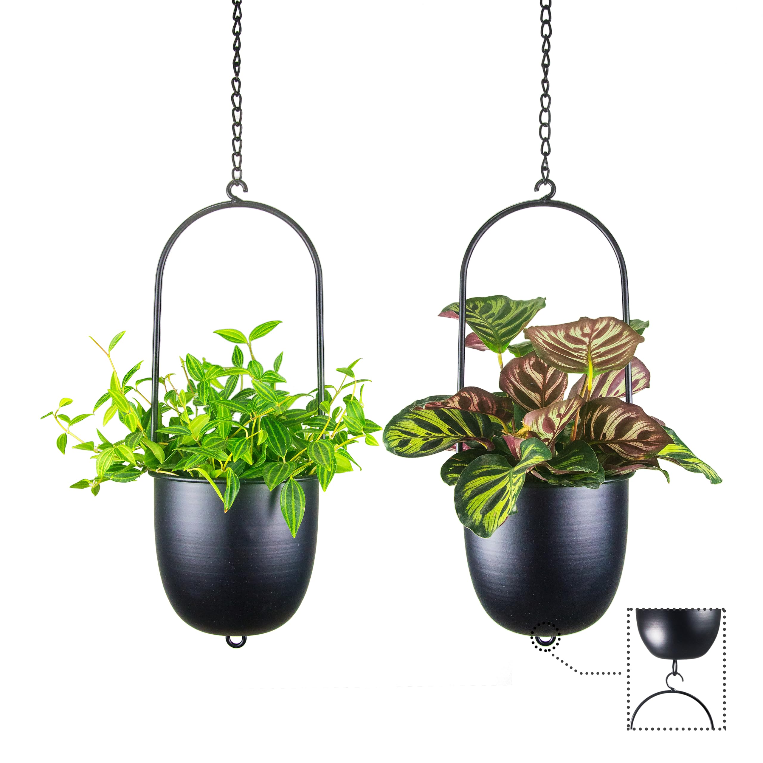 HemePaha Metal Hanging Planters, Set of 2 Black Oval Plant Hangers with 6 inch Flower Pots, Modern Wall and Ceiling Plant Holders for Indoor Outdoor Plants Home Décor (Stackable)