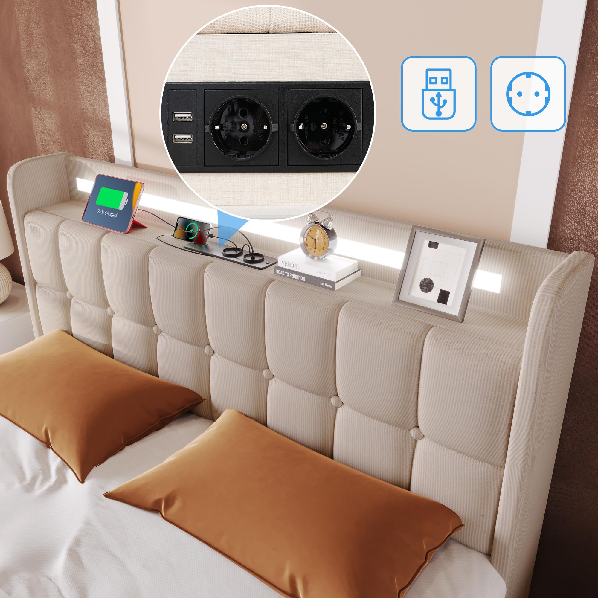 Letto Matrimoniale Imbottito Con Vano Contenitore E Lampada Da Lettura Con Funzione Di Ricarica Usb Testiera Letti Contenitore Giroletto 82834313