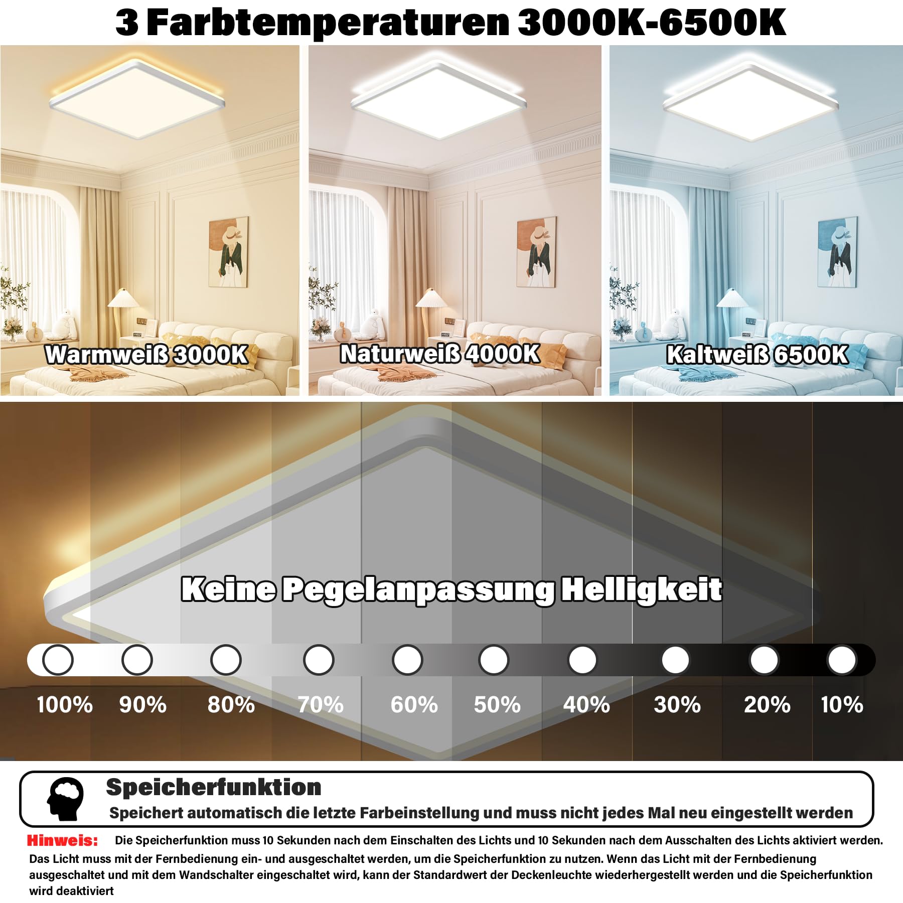 Plafon LED Techo Regulable con Mando a Distancia, 24W 3200LM 3000K-6500K Lámpara Luz Techo Moderna Ultrafino Lampara de Techo para Dormitorio Salon Cocina Balcón Baño Cuadrado Ø29cm,Blanco