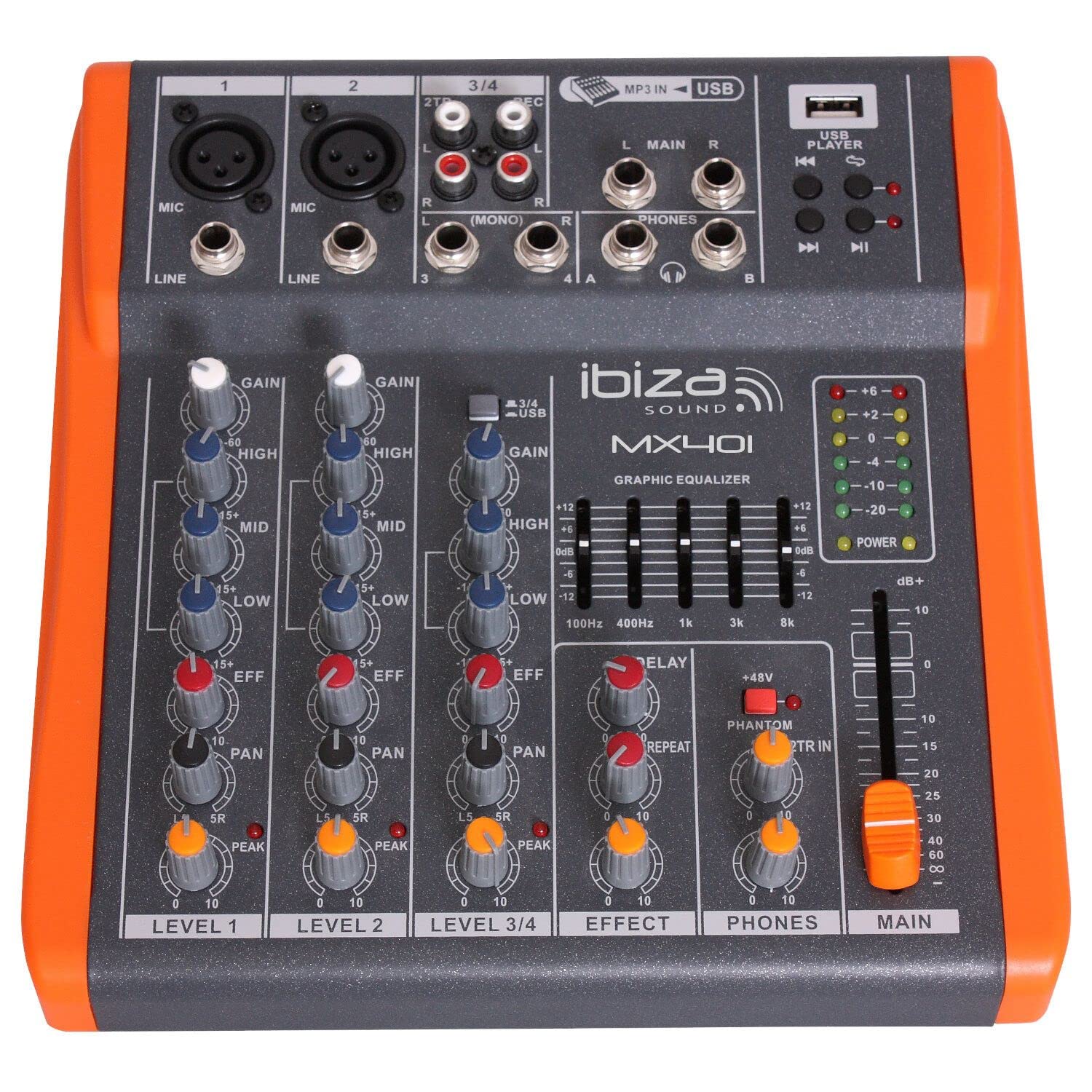 Ibiza - MX401 - Completo mezclador semiprofesional de 4 canales (ecualizador de 5 bandas) con entradas de micrófono y línea y salidas REC, RCA, auriculares y AUX - USB - Negro y naranja