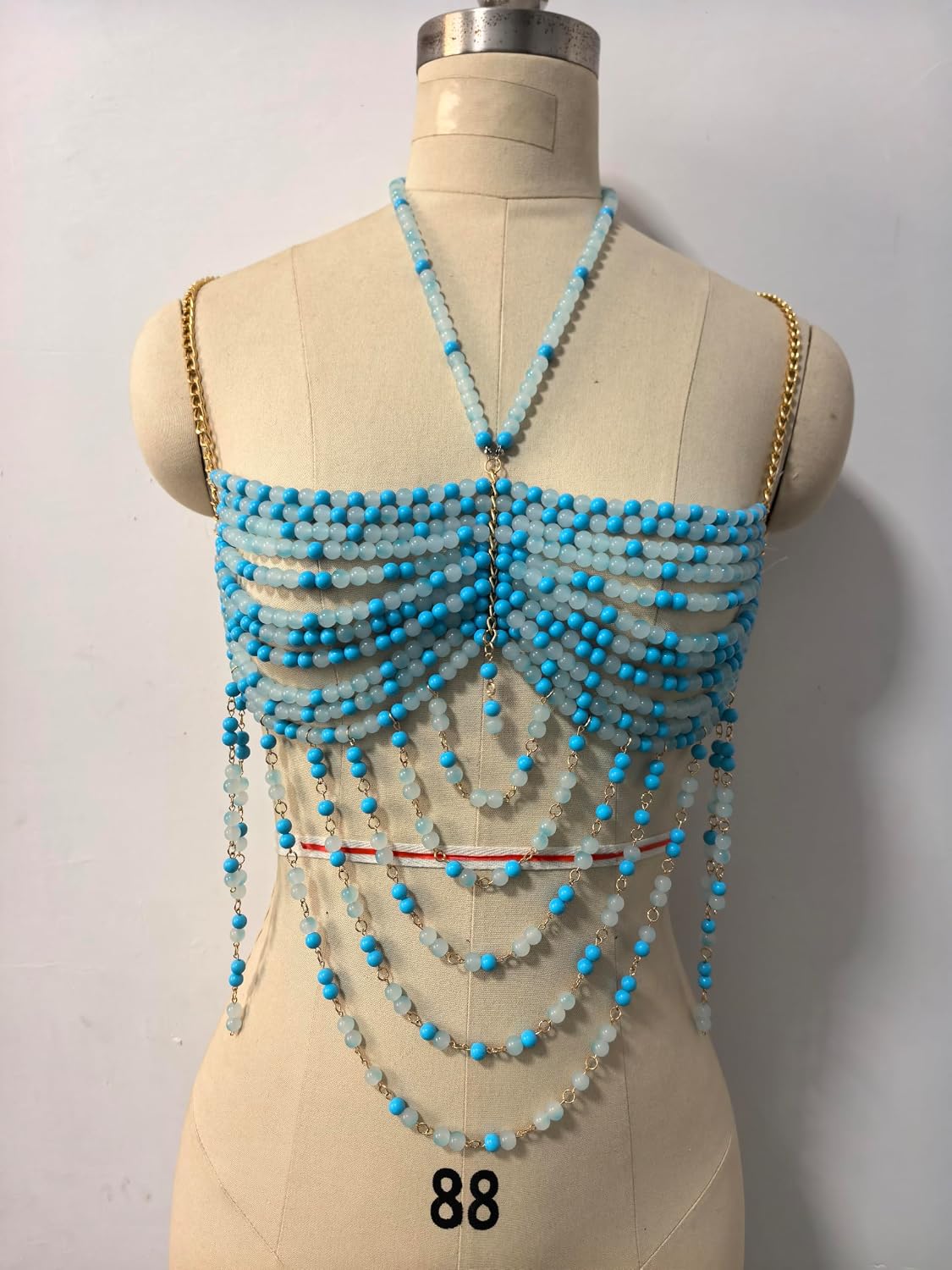 Blue Beaded Bralette Body Chain Top with Gold Draped