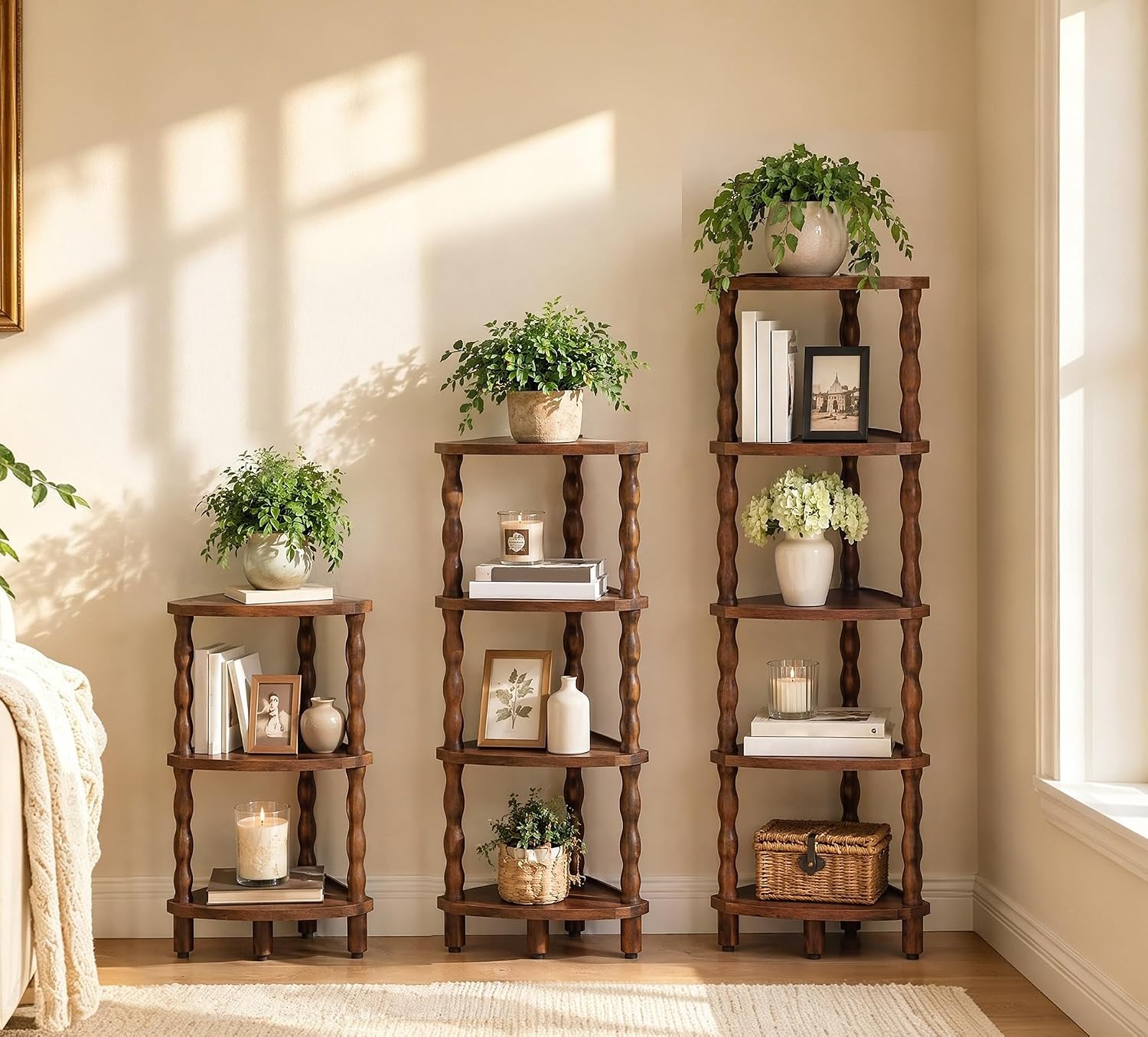 HOOBRO 4-Tier Corner Shelf, Wooden Corner Bookshelf for Small Space, Stylish Corner Storage Display Shelves for Living Room, Kitchen, Office Rustic Brown FG194CJ01