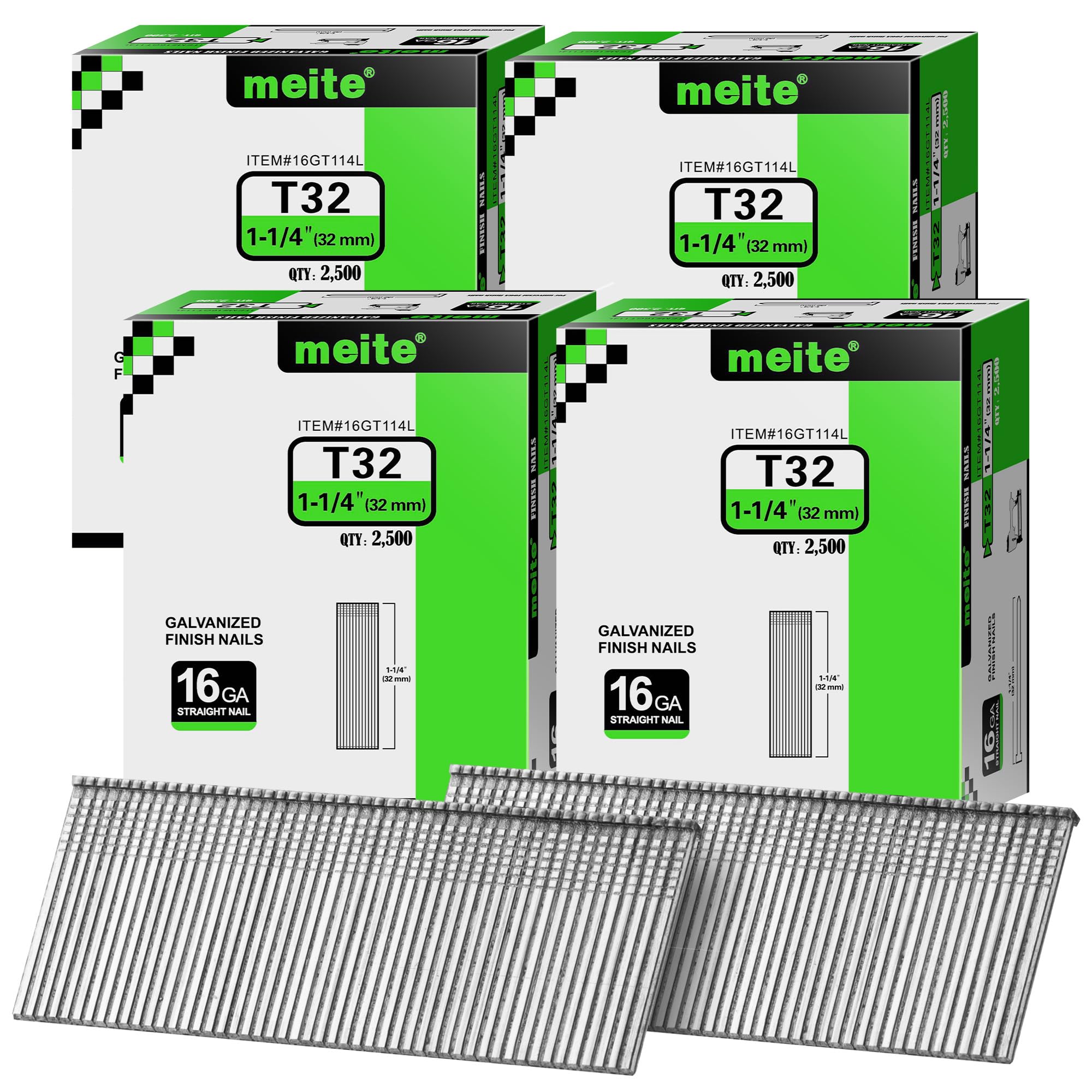 meite 16 Gauge Finish Nails 1-1/4 Inch Galvanized Straight T-Nails 10,000PCS