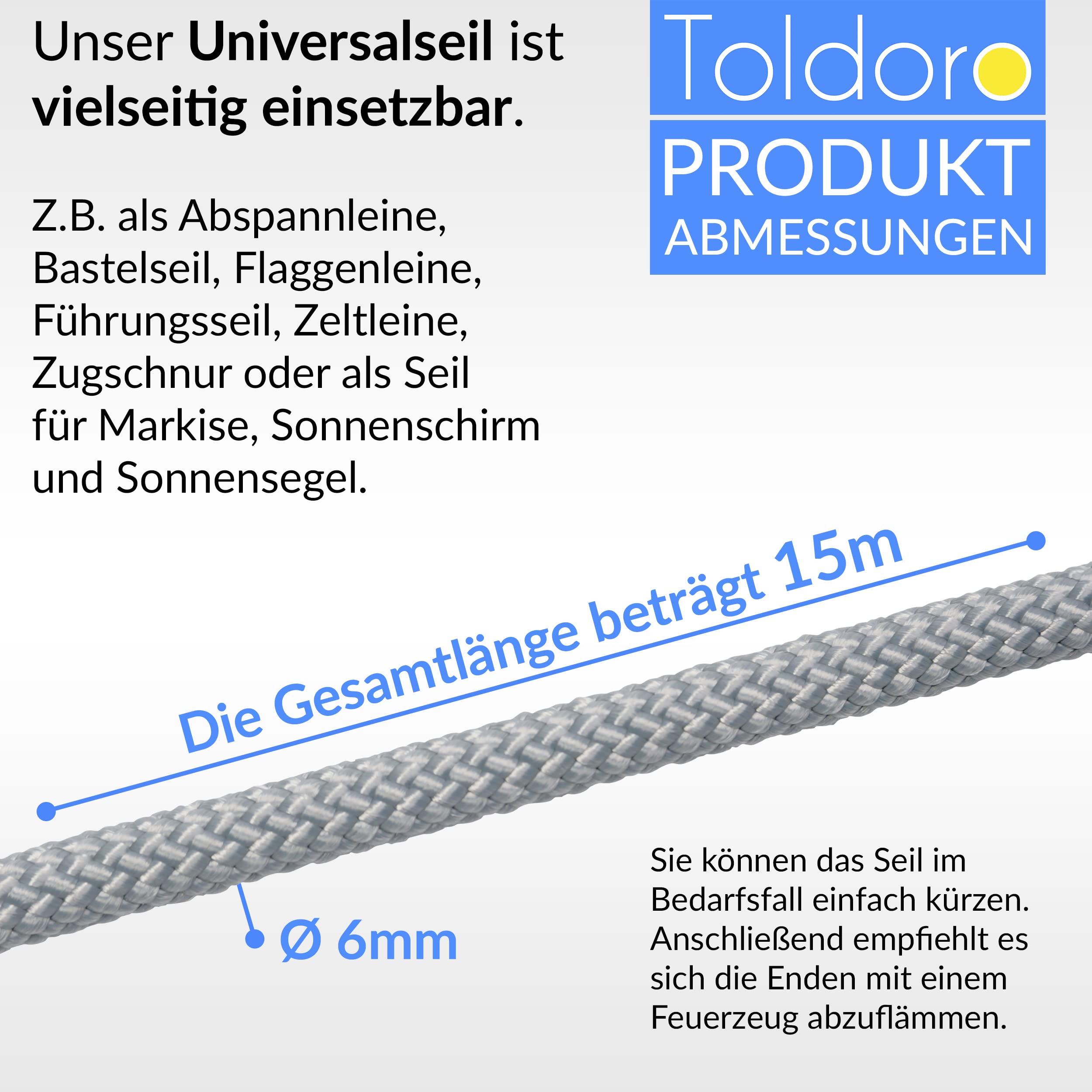 Toldoro® Tauwerk 15m und Ø 6mm grau inkl. 4 Seilklemmen/Sonnensegel Seil aus Polyester/Tau Seil mit Reißlast von 800kg & Bruchlast 1050 daN/Sonnensegel Flaschenzug