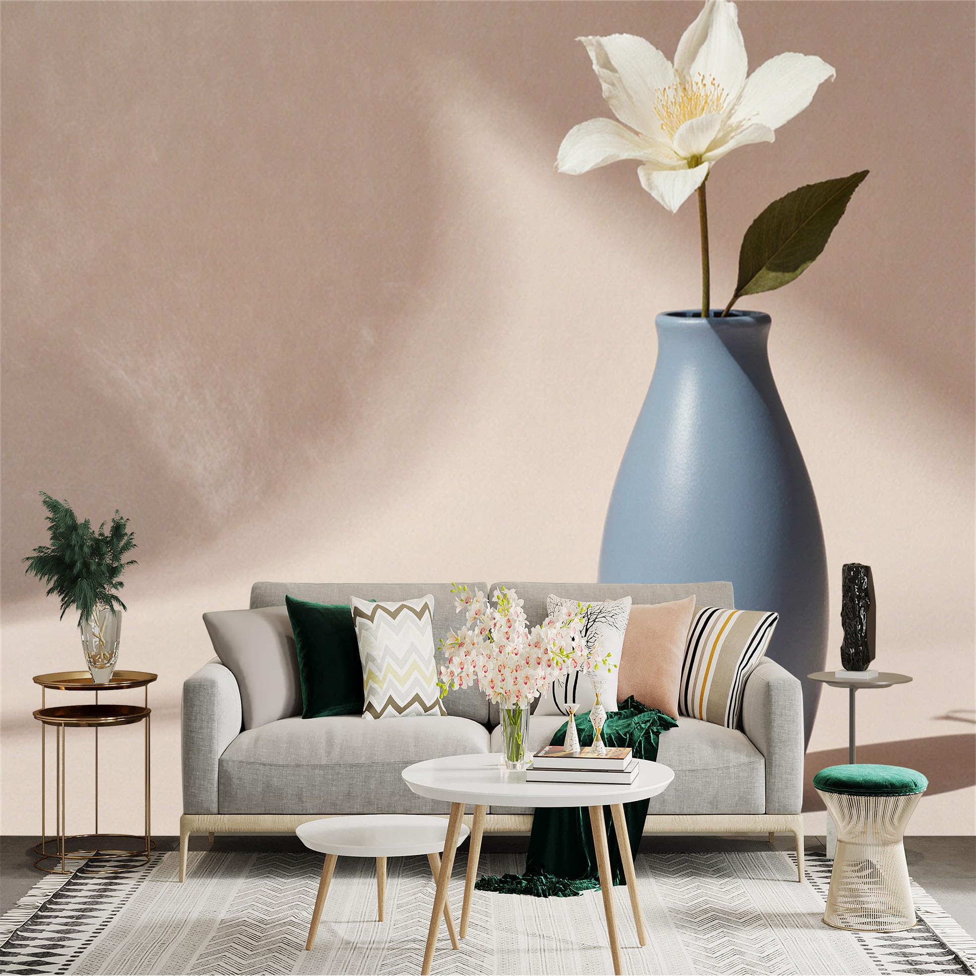 Custom Size Wall Sticker Mural， Elegant White Blossom in Minimalist Blue Vase， Soft Beige Background， Modern Botanical Decor， for wall Decoration， peelandstick wall Decals.