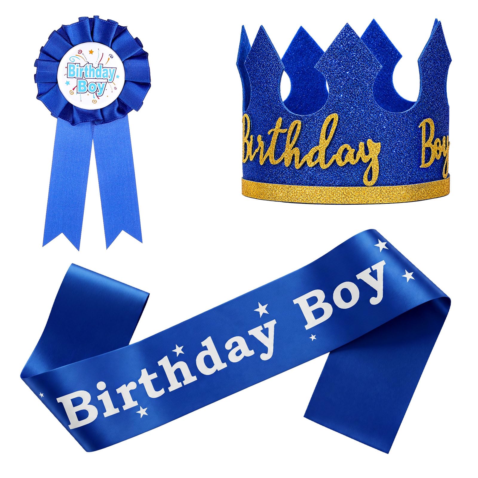 Elegaperma 3pcsn Birthday Boy Sash, King Crown & Badge Pin, Blue