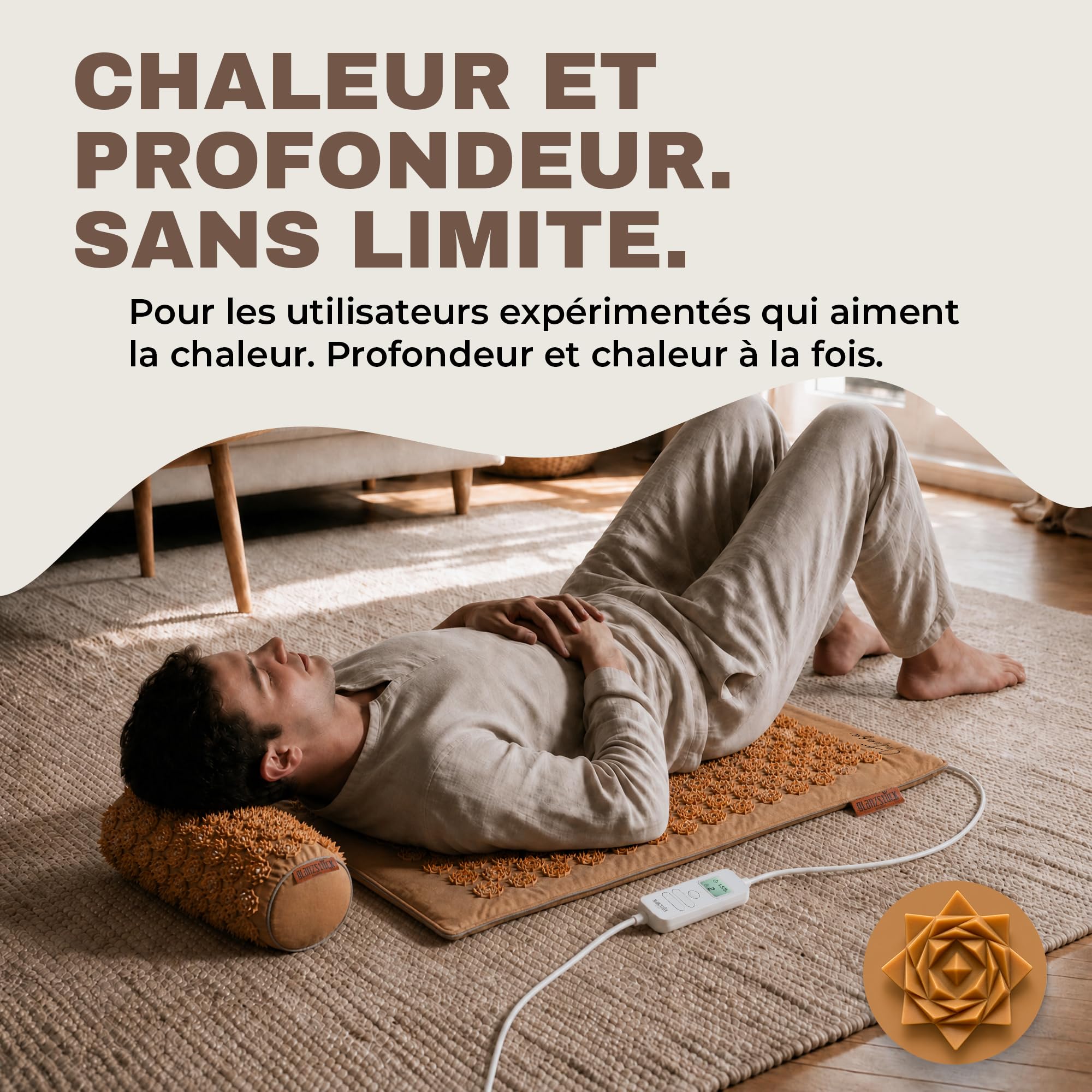 Glanzstück Berlin® Health Collection Ensemble de tapis d'acupression XL Hot Edition Intense chauffant électrique en lin aide à soulager les tensions, les maux de dos, tapis de massage avec sac