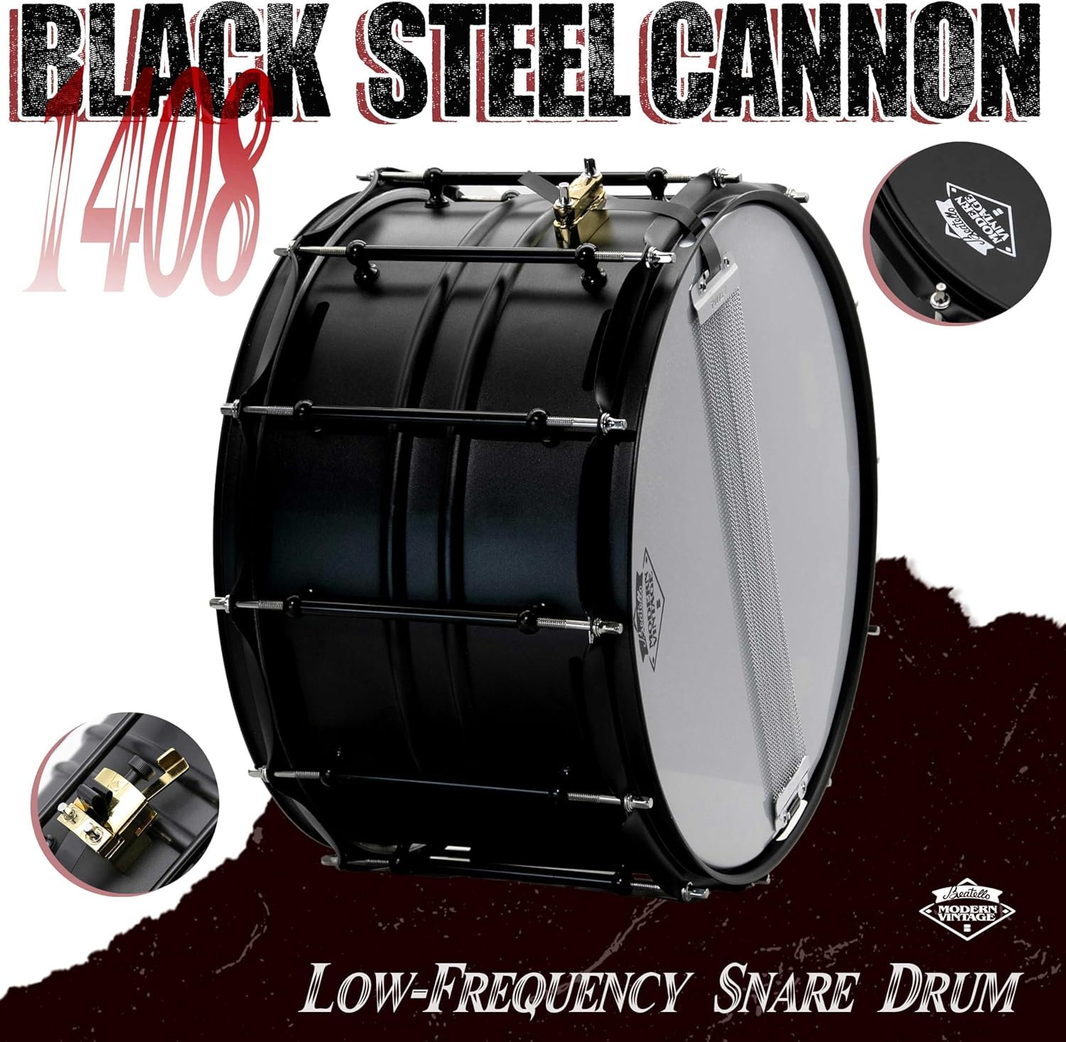 14" x 8" Deep Shell Snare Drum, Carbon Steel Snare with 12-Vent Airflow System, Professional Low-Frequency Sonic Cannon for Rock, Metal and Hip-Hop, 12-Point Heavy Duty Lugs (Black Steel)