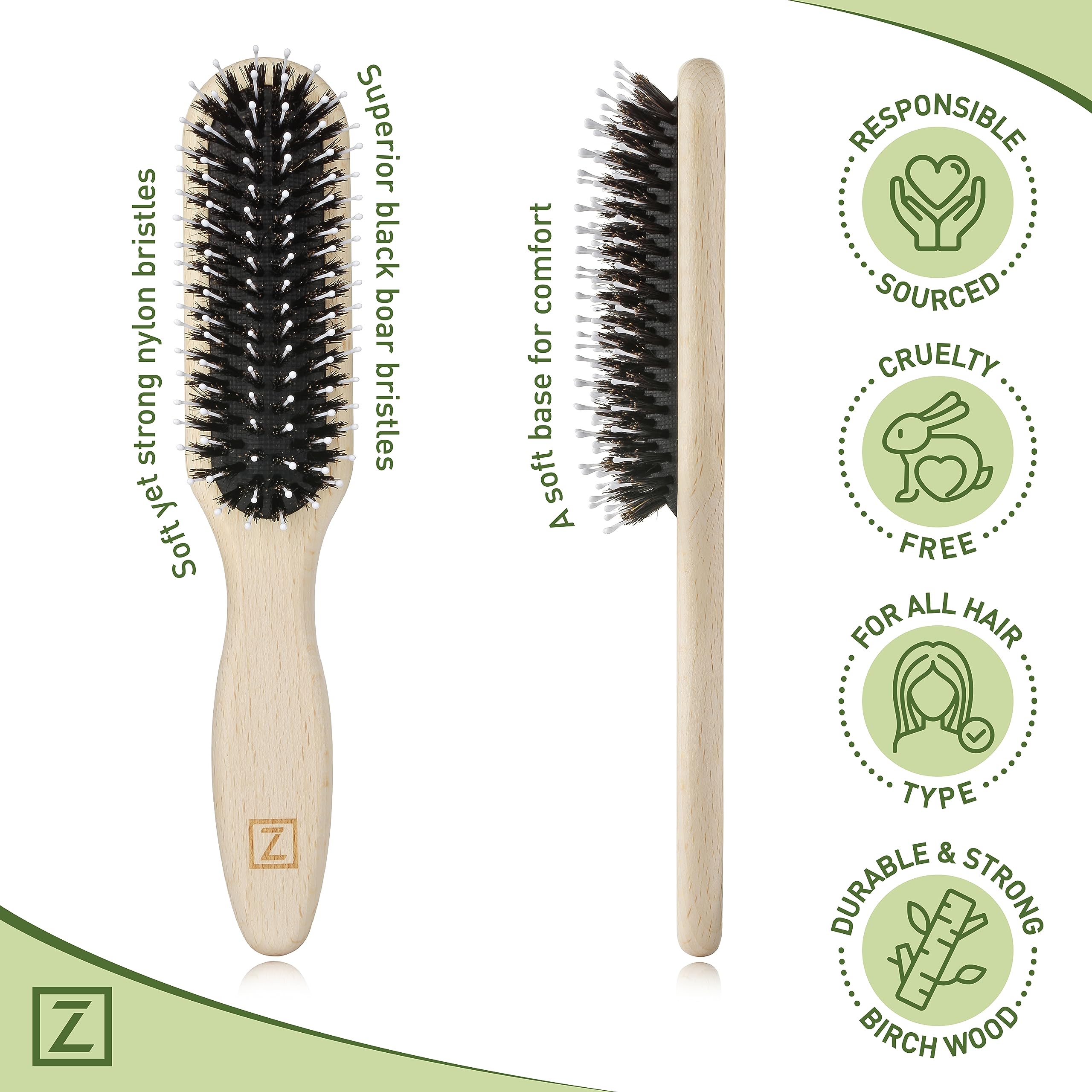 Haarbürste mit natürlichen Wildschweinborsten für Damen, Herren, Kinder; trockene und nasse Haarbürste verbessert sanft den Glanz, glättet Frizz und verhindert Bruch in feinem und glatten, dicken und