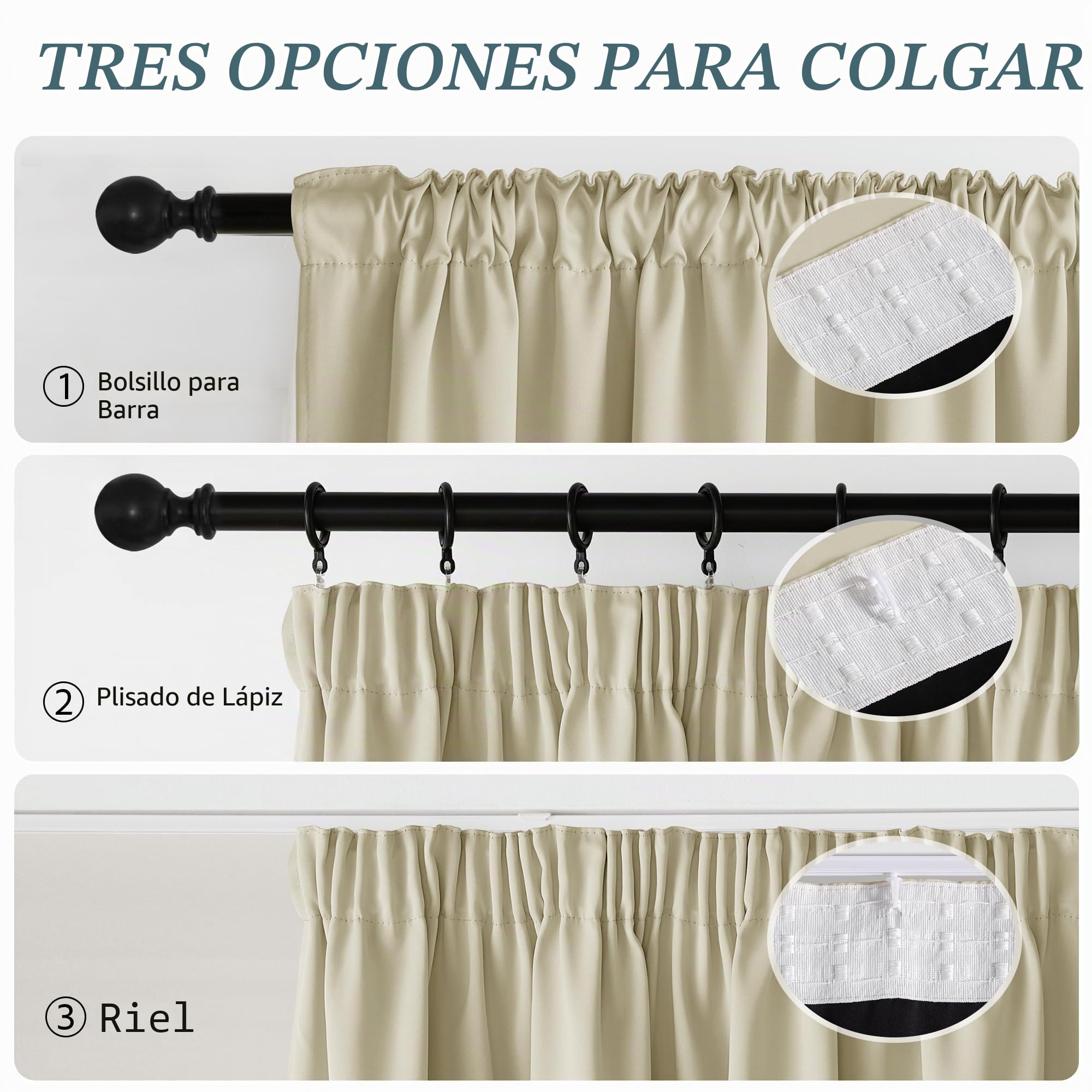 PONY DANCE Cortinas Salon Opacas 2 Piezas,Cortinas Blackout Termicas Aislantes para Dormotorio/Cocina con Ganchos para Riel,300x245cm,Beige Claro