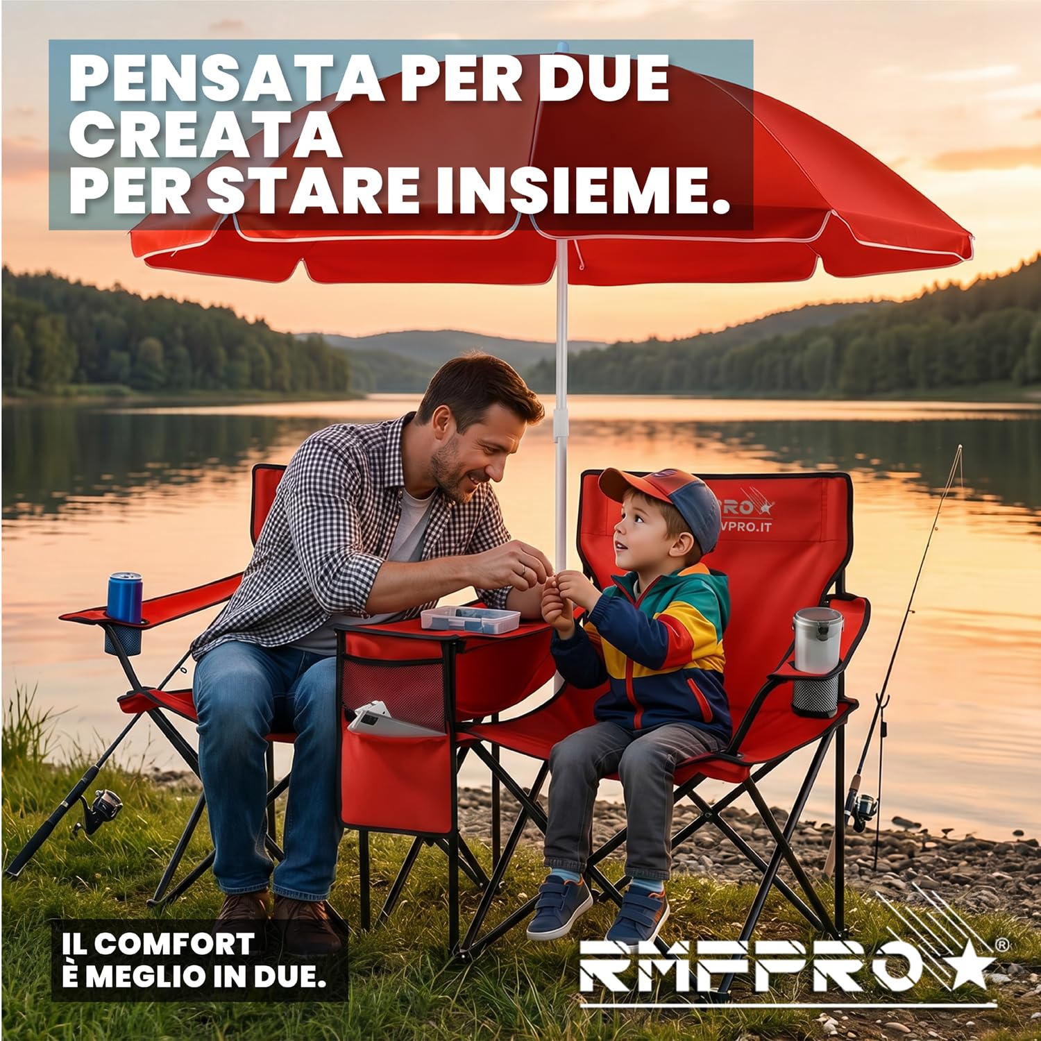 Set con Ombrellone e 2 Sedie da Esterno ideale per Mare o Campeggio, con Borsa Termica Centrale e Portabevende - Ideale anche per Pesca, Struttura in Acciaio con Custodia per Trasporto (Rosso)