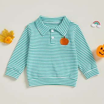 Toddler Baby Boy Halloween Outfit Pumpkin Embroidery Waffle Striped Long Sleeve Polo Shirt Button Up Pullover Top