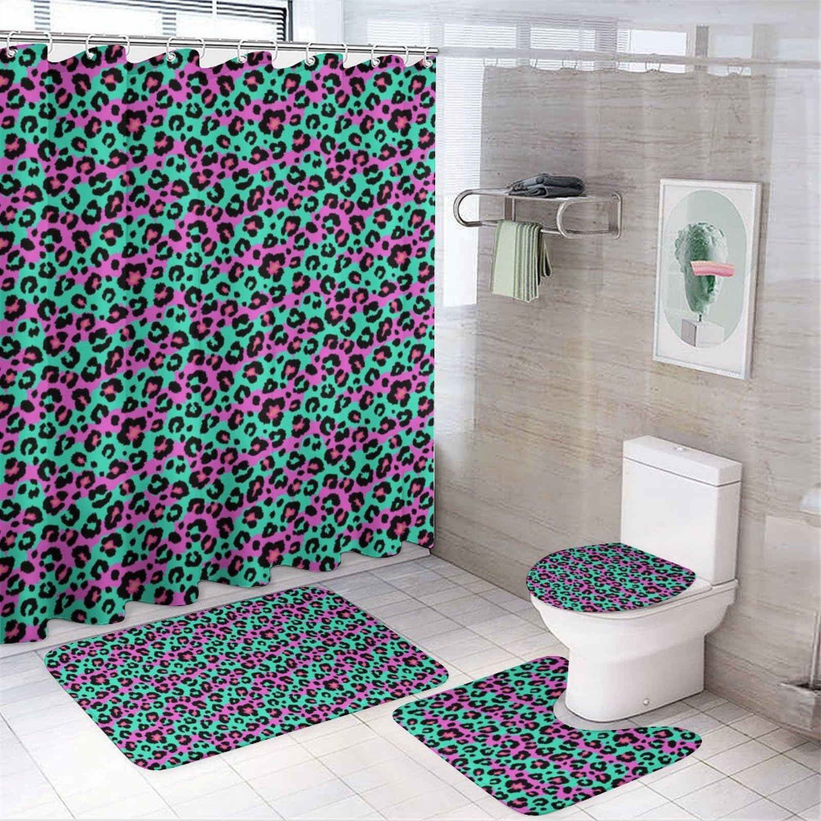JiuPopular Bathroom Mat Set 4 Piece, Leopard And Zebra Shower Curtain with Non-Slip Bath Mats for Bathroom