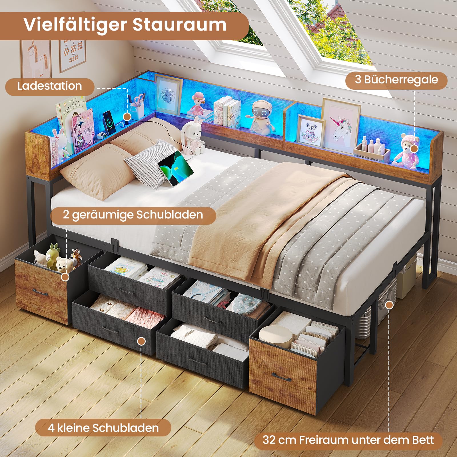 AOGLLATI Schlafsofa 90x200 Jugendbett mit Integriertem Bücherregal & 6 Schubladen,Bett mit Stauraum & LED-Beleuchtung Gästebett Tagesbett Bettgestell mit Lattenrost (Vintage Braun, 90x200cm)