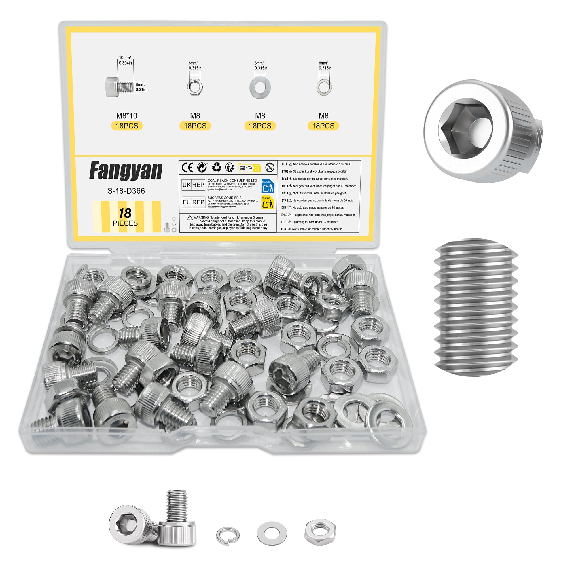 Fangyan 18 PCS M8 x 10mm Hex Socket Cap Head Bolts Set, Stainless Steel Machine Screws with Hex Nuts, Flat & Spring Washers Assortment Kit for Electronics, Small Equipment & DIY Repair