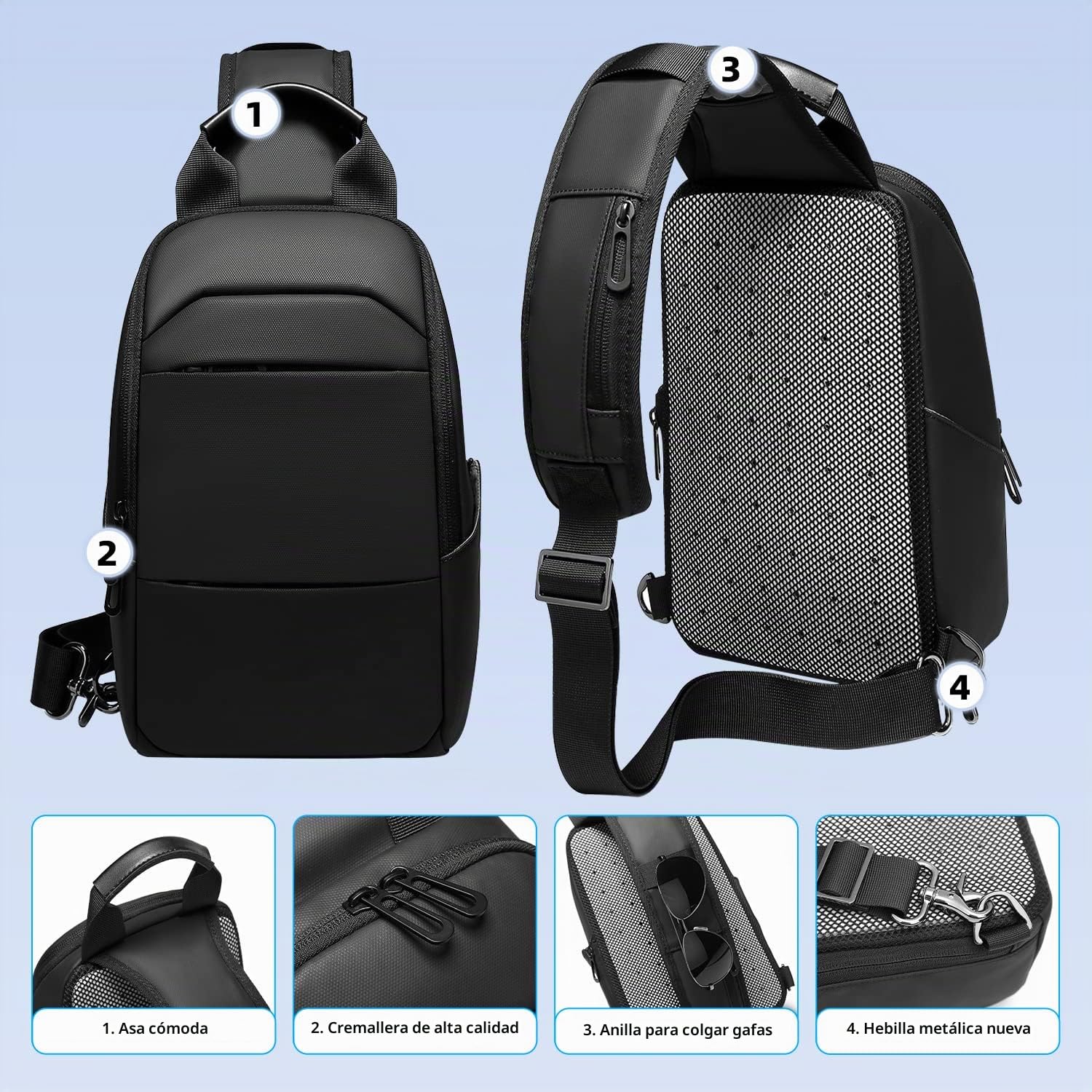 Bolso Bandolera Hombre Bolso Pecho Impermeable Bolso Cruzado Mochila Bandolera para Vida Diaria Ciclismo Caminar Viajar y Trabajar-Negro