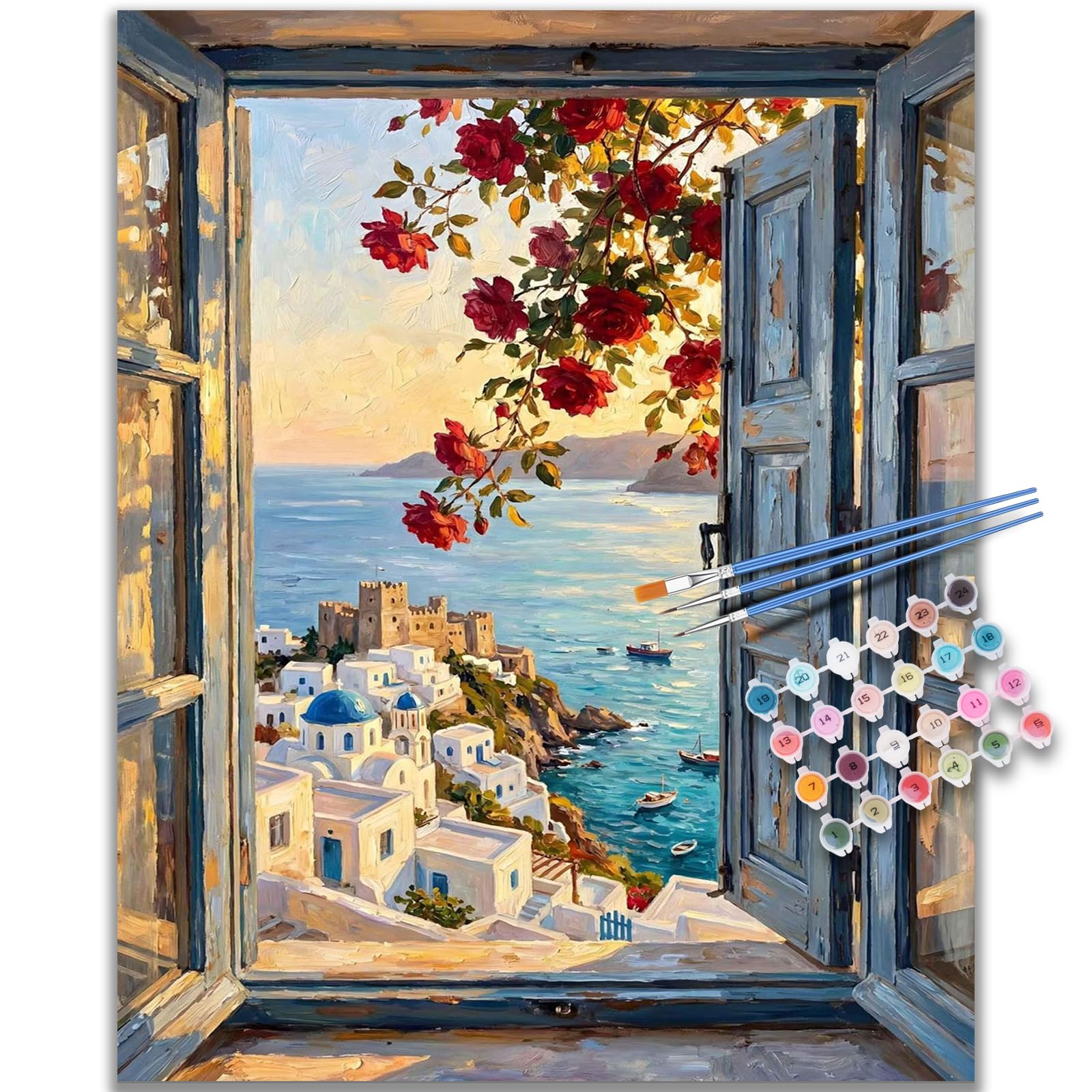 Der Blick aus dem Fenster Malen Nach Zahlen Erwachsene Ohne Rahmen, 40x50cm | Küstenstadt Paint by Numbers, Stressabbau, Geschenk für die Wanddekoration zu Hause, DIY Acrylmalerei