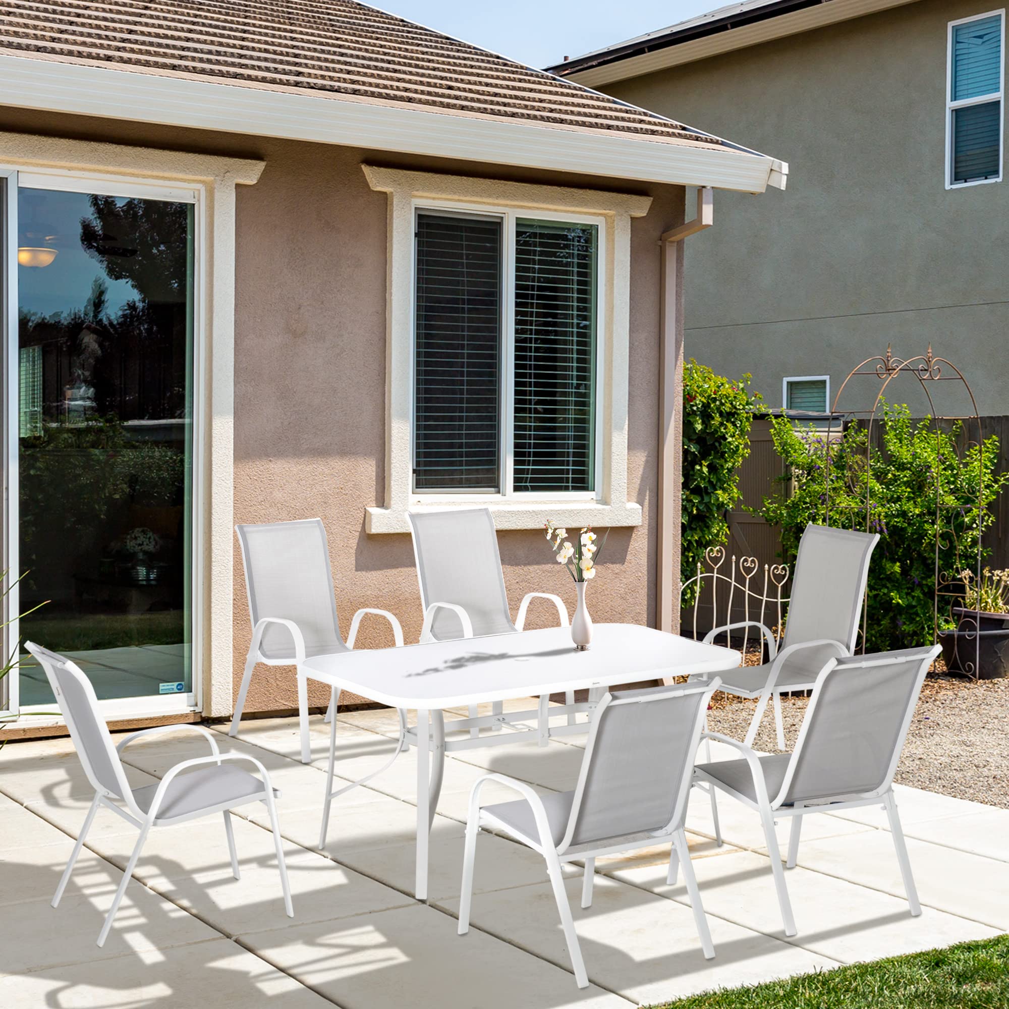 Outsunny Conjunto de Mesa y Sillas Jardín de 7 Piezas Exterior Gris | Muebles de Jardín Exterior, Mesa y 6 Sillas para Terraza, Orificio para Sombrilla, Encimera de Cristal, para Terraza Patio