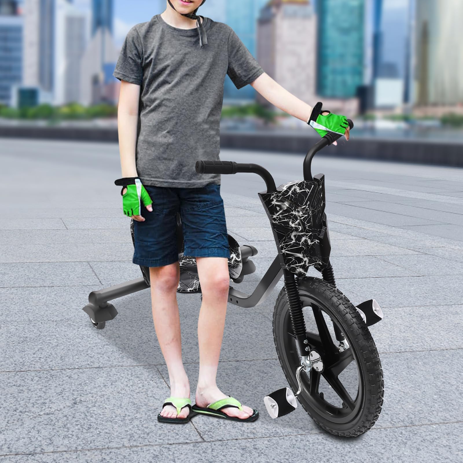 Drift Dreirad, 360° Drift Cart Kinder Scooter Tretauto Rutscher Kinderfahrzeug mit Pedale Verstellbarer Schalensitz Schwarzer Blitz ab 6 Jahren für Straße Spielplatz Hof Park Outdoor