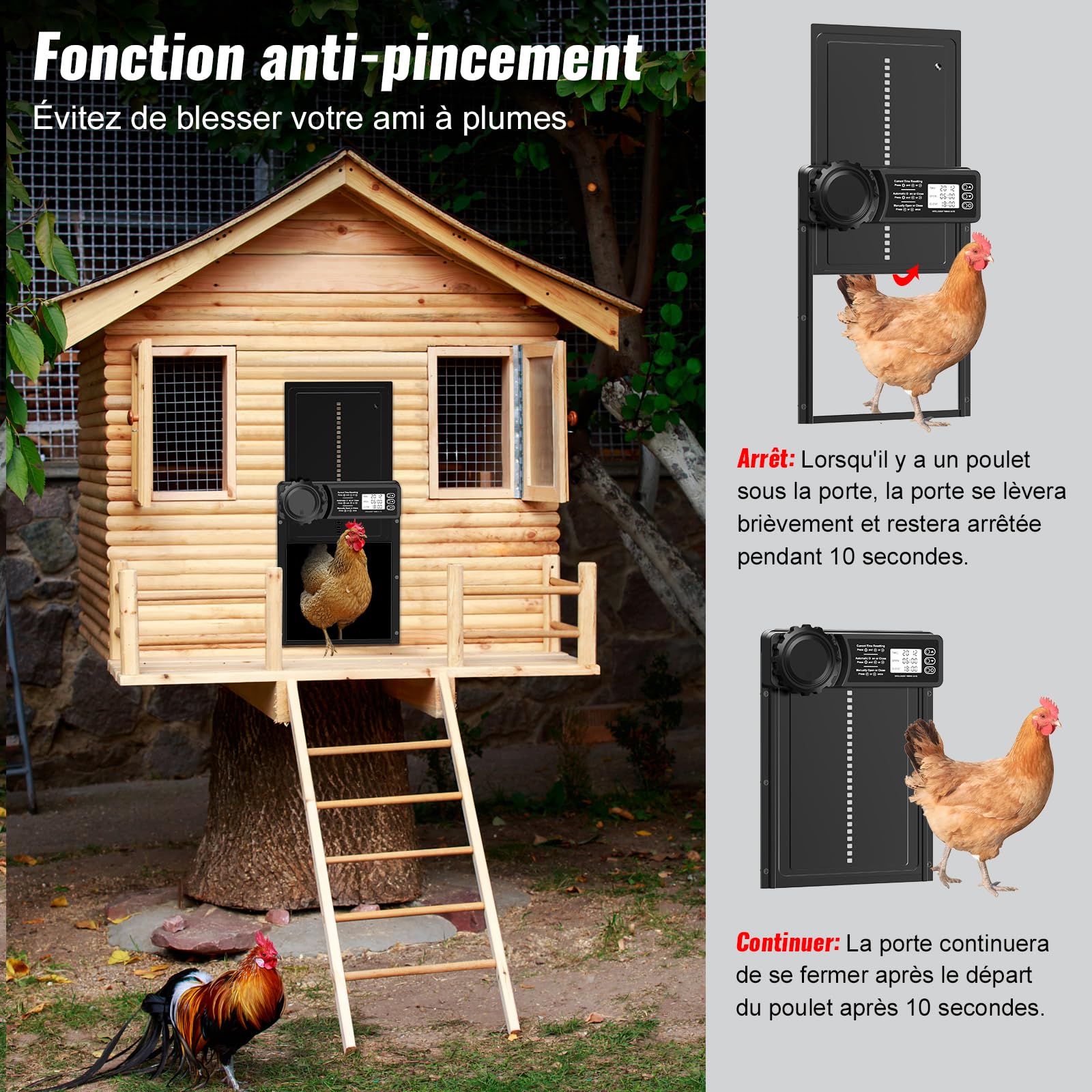 Porte Poulailler Automatique avec Écran LCD Programmable Étanche, Porte Automatique Poulailler en Alliage d'aluminium, Alimenté par Batterie, Commande de Minuterie, Fonction Anti-pincement