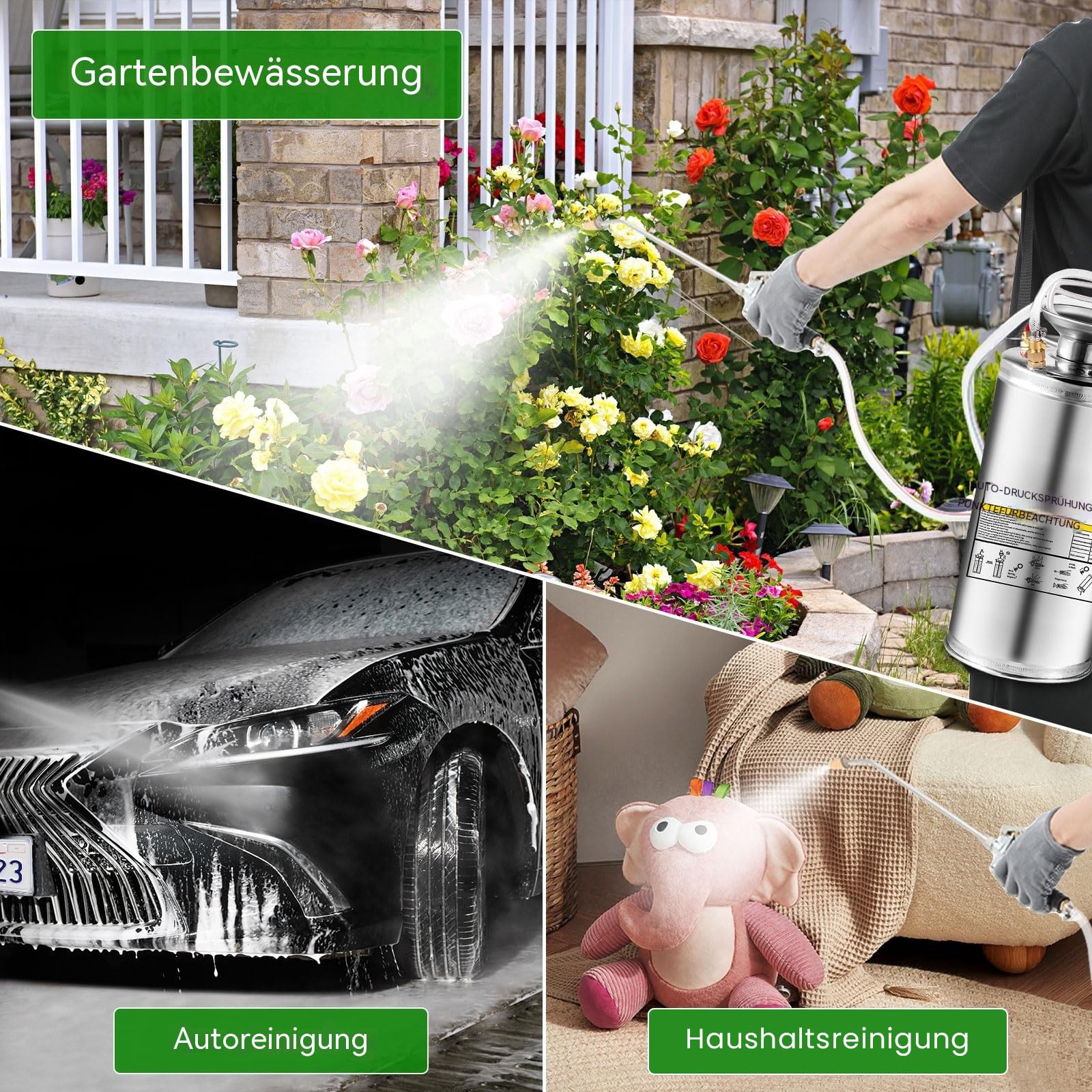 4L Edelstahl Drucksprüher mit Manometer & Sicherheitsventil, Profi Hand Pumpsprüher mit verstärktem Schlauch und Verstellbarer Messingdüse, Drucksprühgerät für Garten, Pflanzen