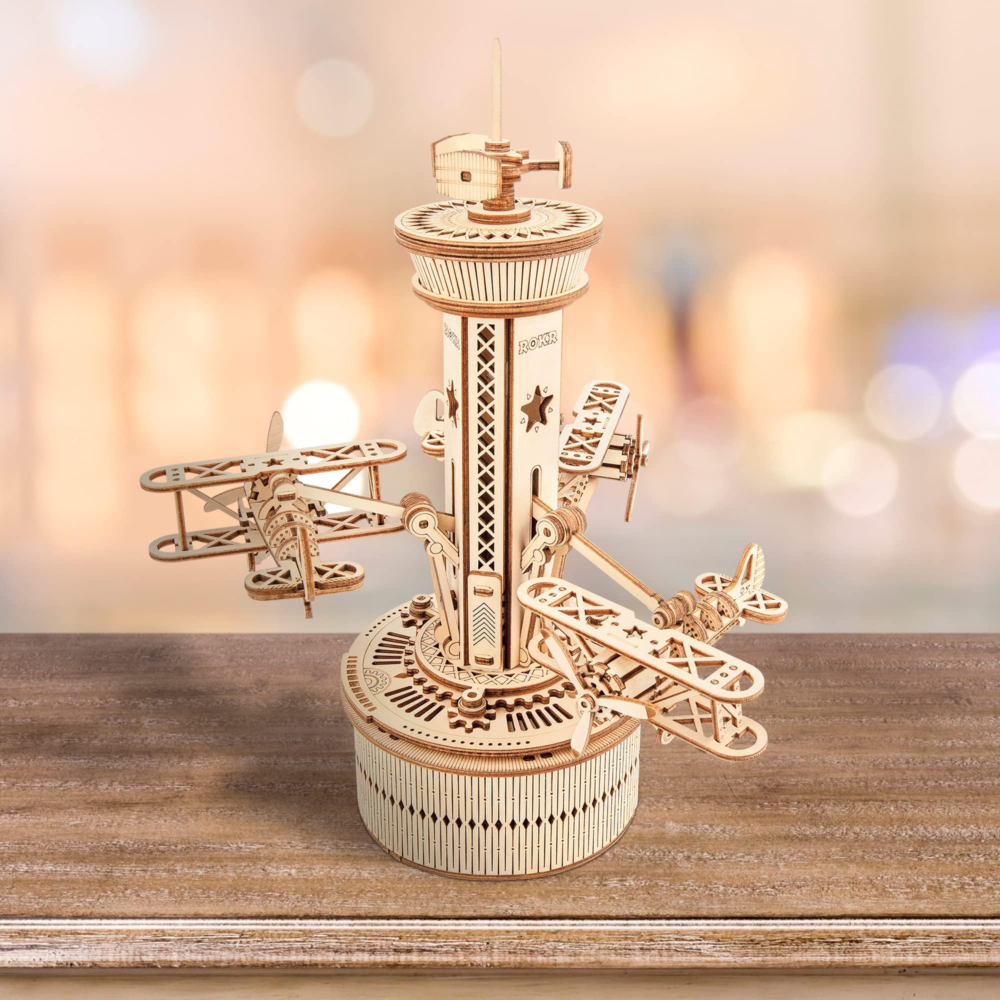 ROKR Wooden Music Box Puzzle, DIY Airplane Tower, 1 Set, Desk Decor for Adults & Teens, Non-Toxic, Hand-Eye Coordination, Gift for Boys & Girls Ages 14+