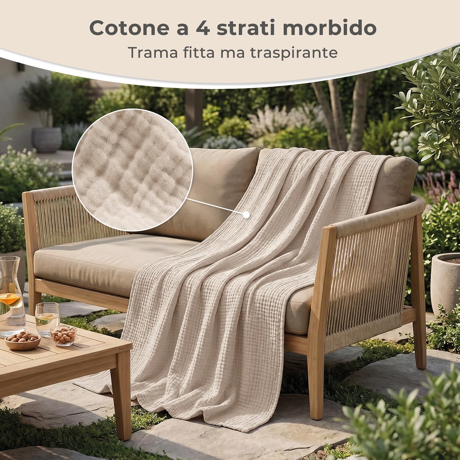 LAYNENBURG Copriletto in mussola Premium 220 x 240 cm XXL - 100% cotone - coperta in cotone extra morbida come coperta accogliente, copriletto, copridivano, copridivano (beige)