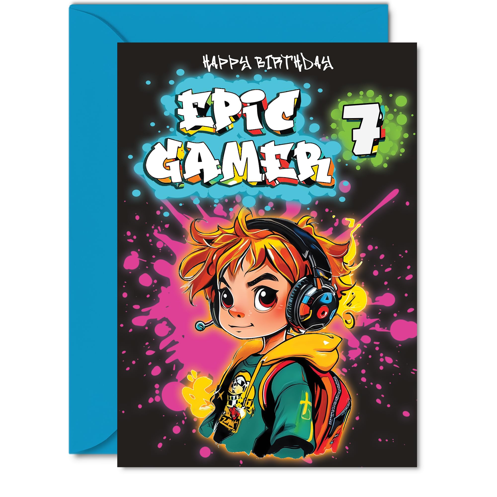 7th Birthday Card boys - Epic Gamer boy - Happy Birthday Card for 7 Year Old boy Kids, 5x7 Inch Seven Seventh Bday Video Game Gaming Greeting Cards