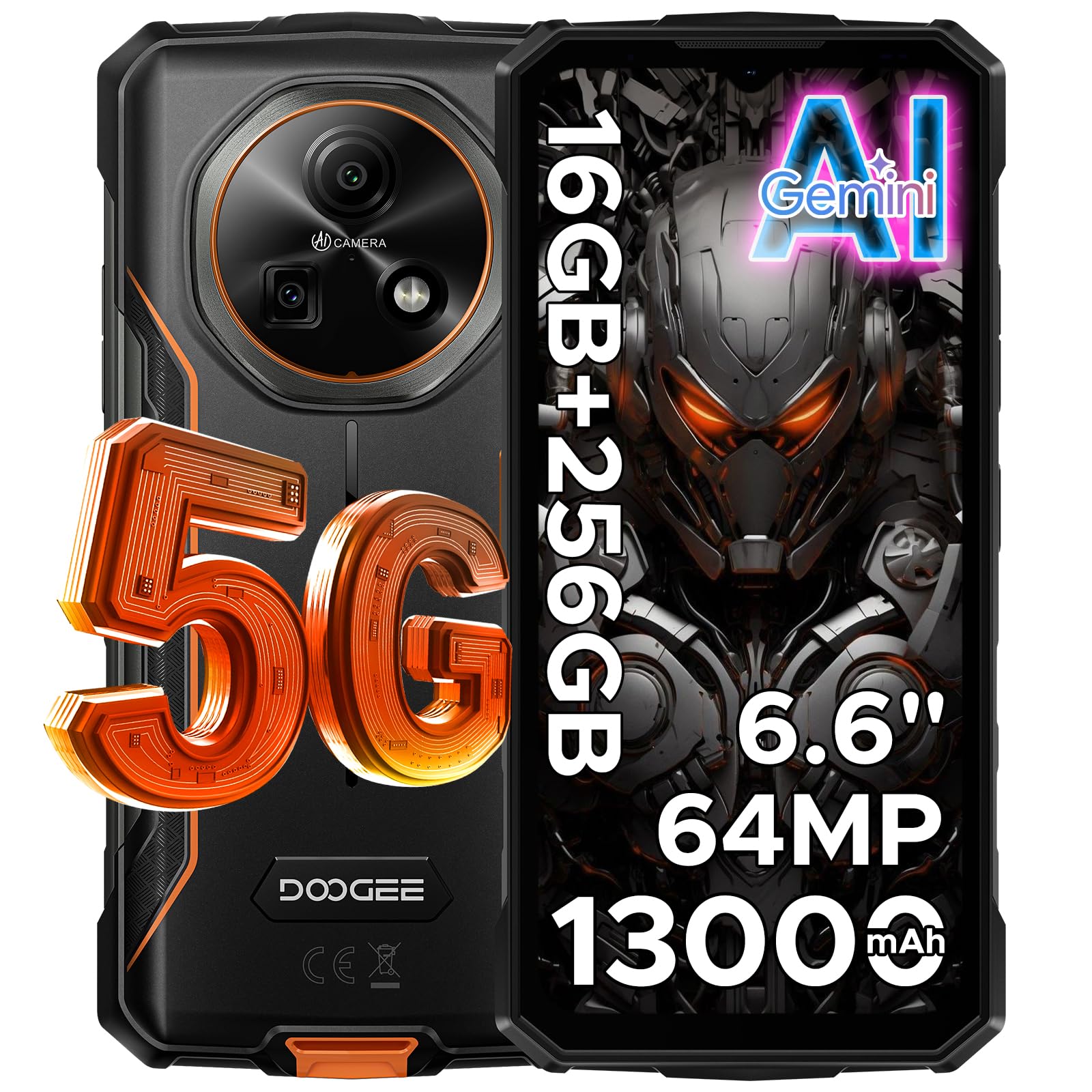 DOOGEE Fire 7 Rugged Smartphone 5G Android 15, 16GB+256GB/2TB Telefono Cellulare, 13000mAh Telefono Indistruttibile, Gemini AI 64MP+16MP Rugged Phone, MTK 6300 Octa Core/Dual SIM/NFC/GPS/IP68/BT5.2