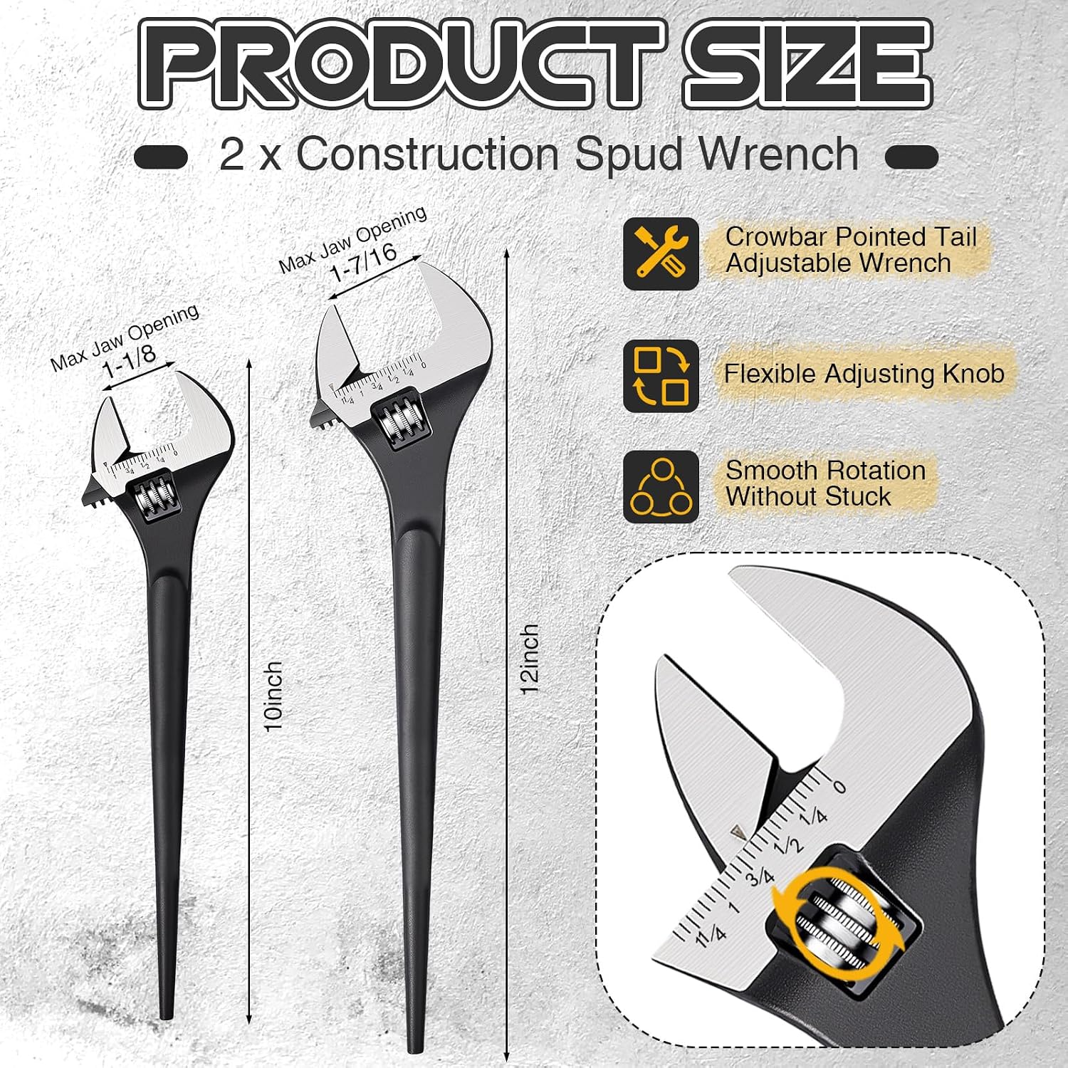 2 Pack Adjustable Construction Spud Wrench Set, 10 Inch 12 Inch Adjustable Wrench Iron Workers Tool