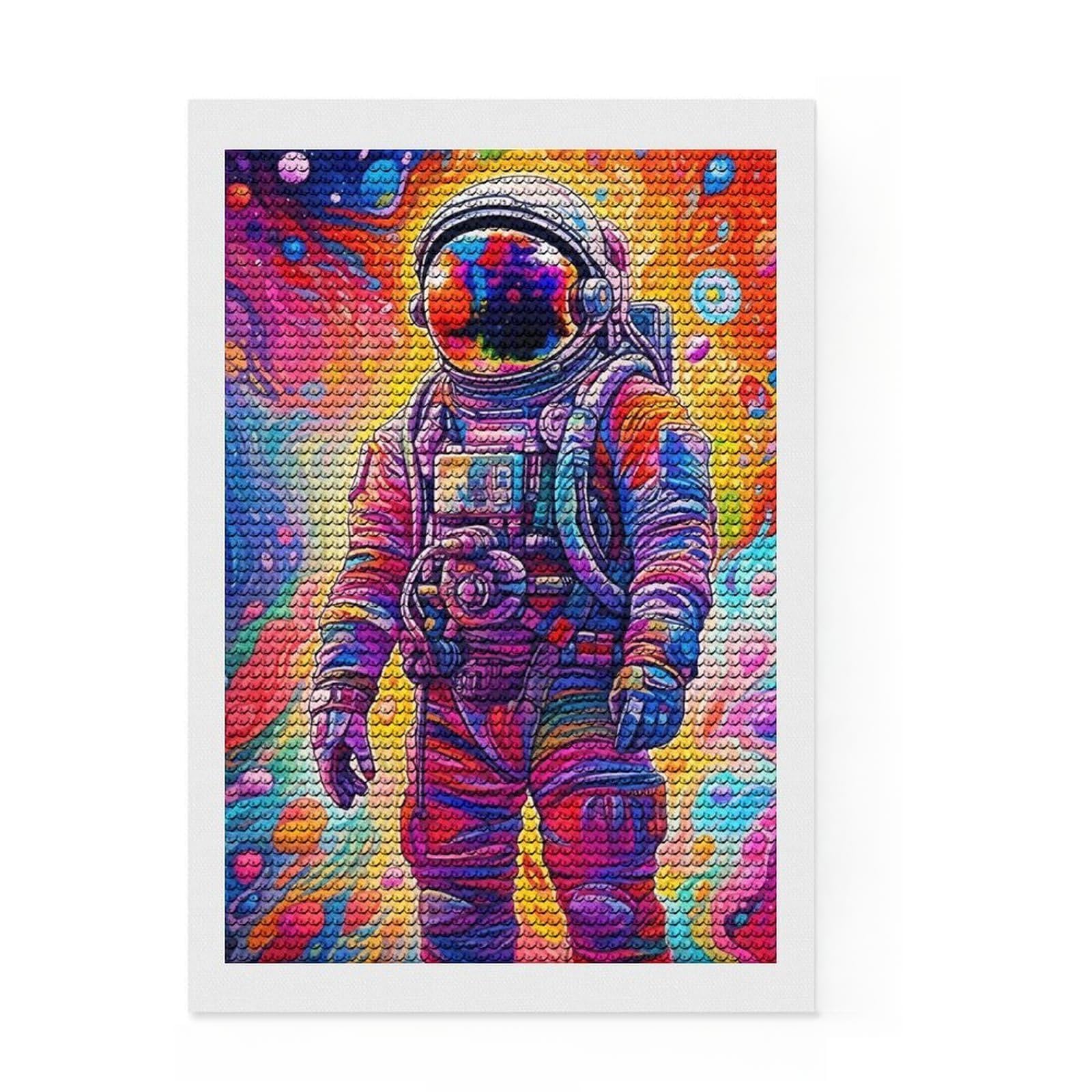 Junmoney Colorful Astronaut Diamond Art Canvas 8"x12", for Creative Relaxation, Easy Handmade Project, Office Decor, Christmas Gift