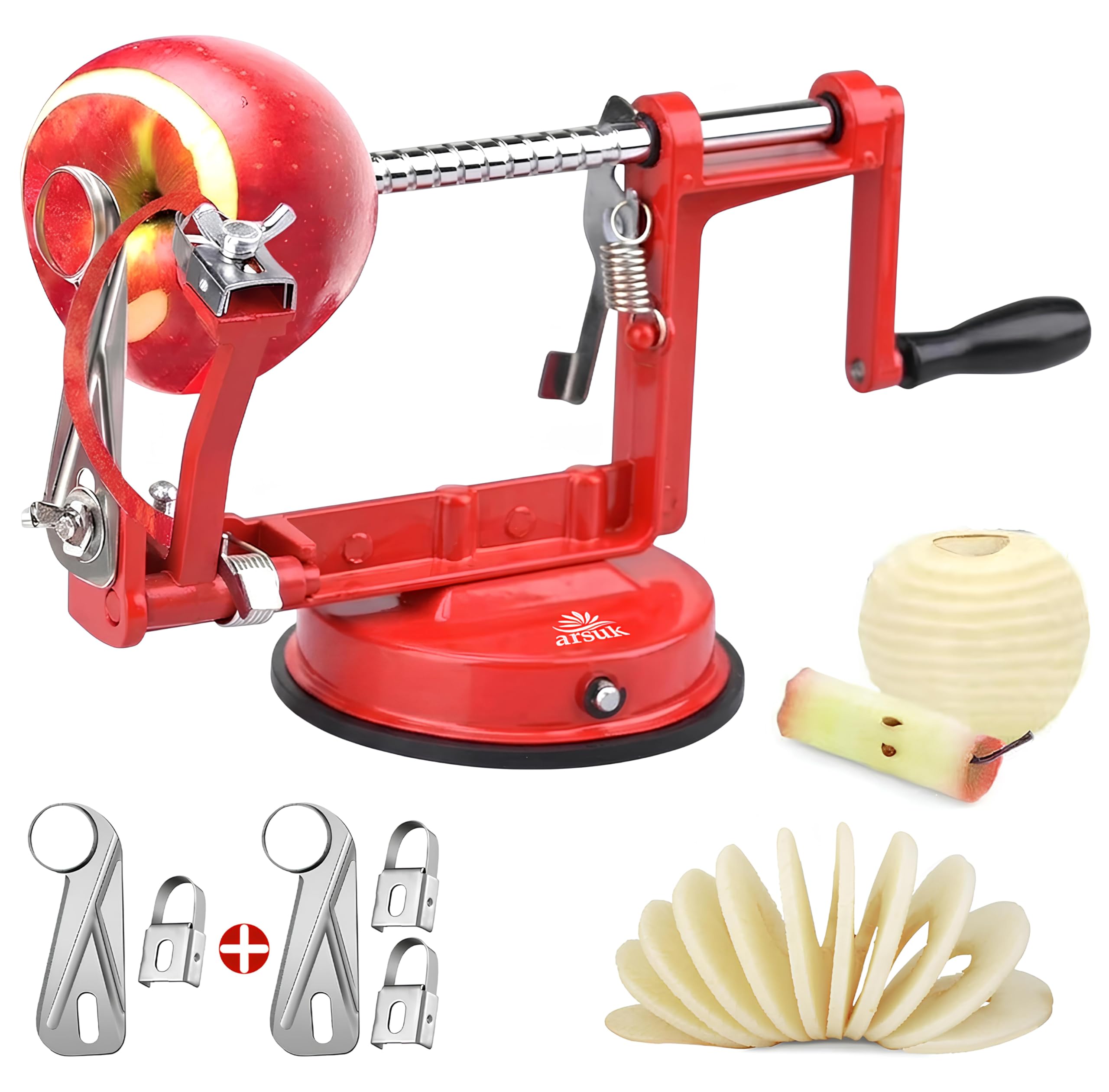 Sbuccia Mela Affettatrice e Levatorsoli - (2 Lame Extra e 1 Levatorsoli) Macchina da Cucina 3 in 1 per Pelare Verdure e Frutta, Lama Regolabile in Acciaio Inox, Base Antiscivolo a Ventosa