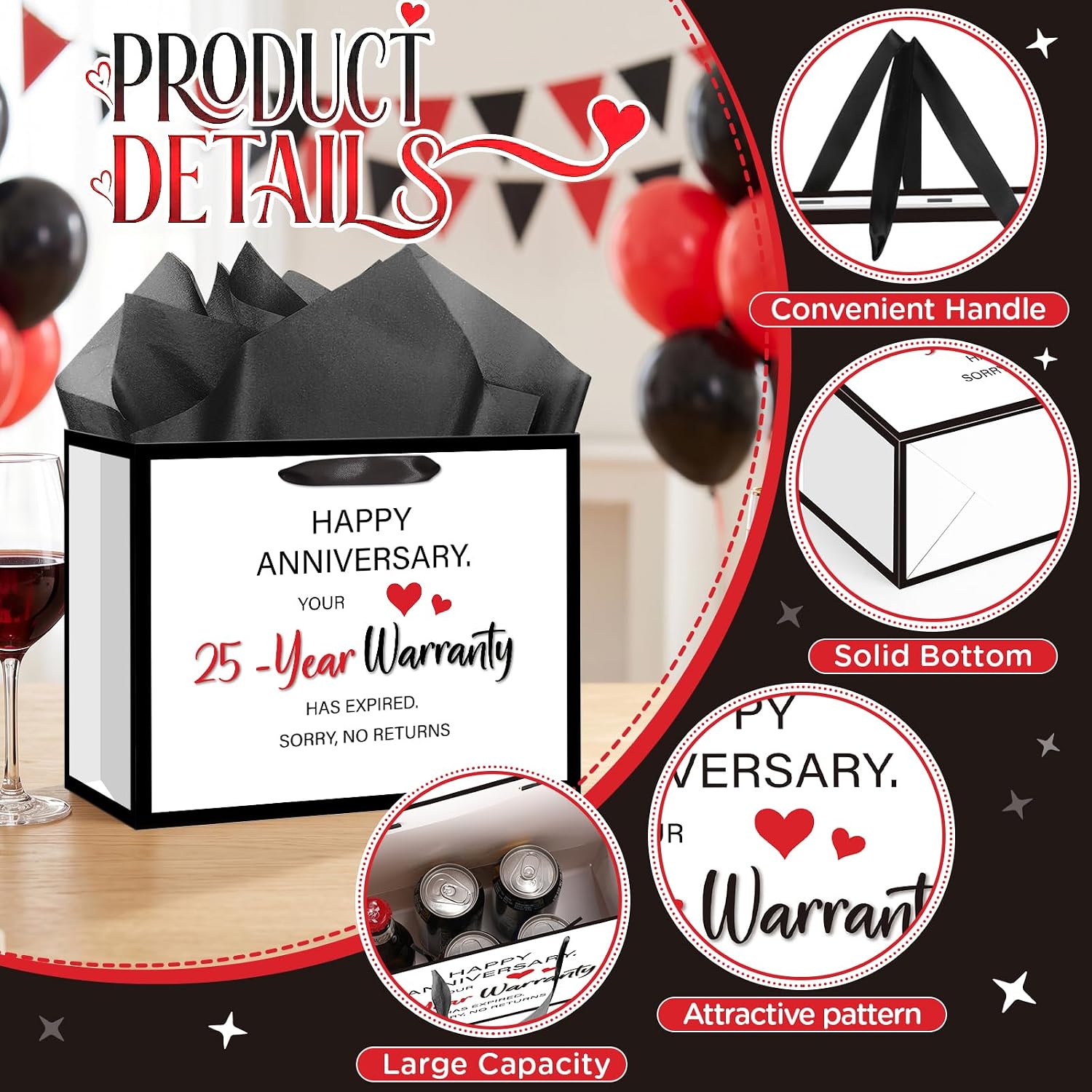 25 Year Anniversary Love Gift Bag for Men Women 25th Wedding Anniversary Funny Gift Bags with Marriage Anniversary Wrapping Paper Card Twenty Fifth Silver Anniversary Party Favors Decor Supplies Husband Wife Boyfriend Girlfriend image 3