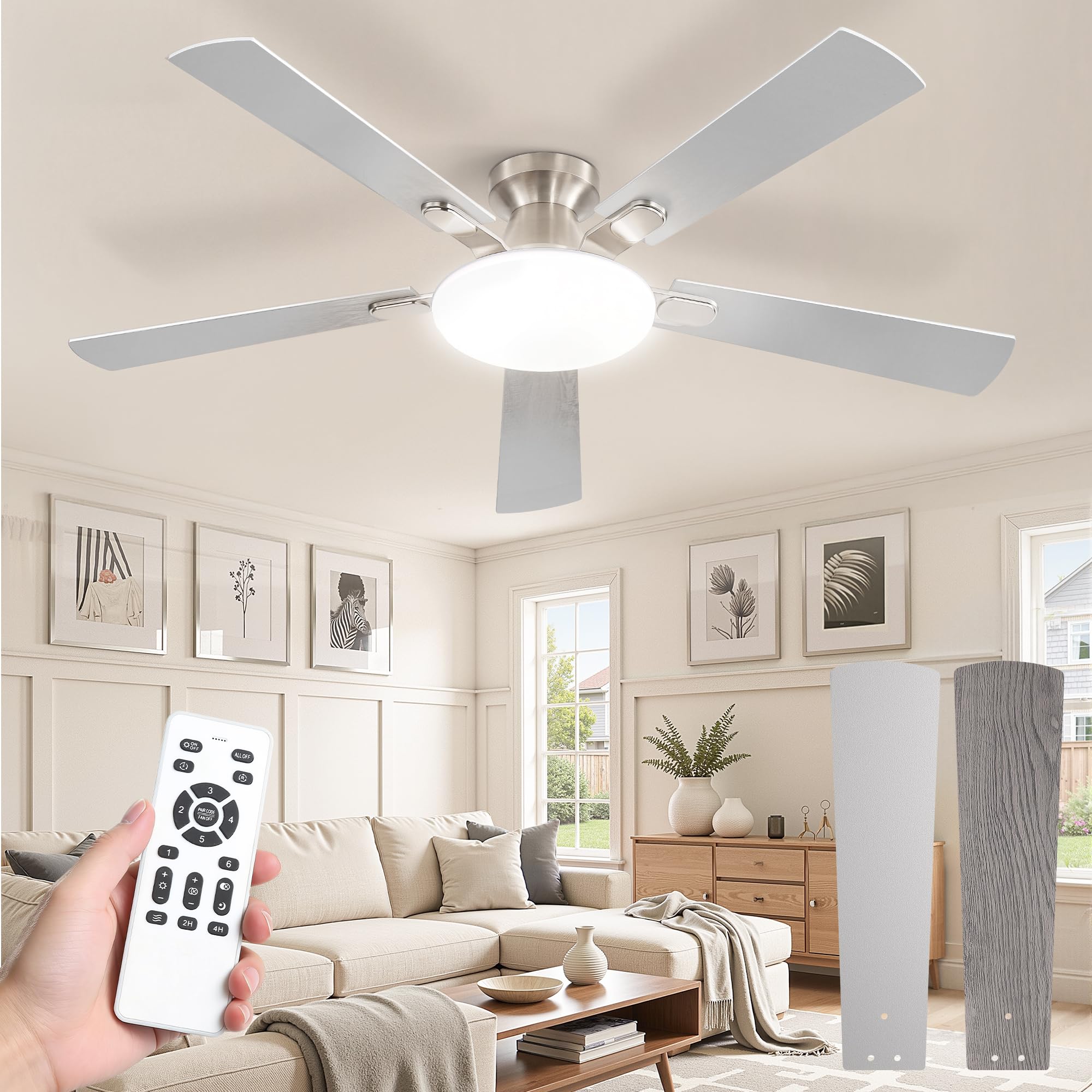 Photo 1 of 52 Inch Ceiling Fan with Lights and Remote, 30W 12" LED Panel Flush Mount Ceiling Fan, 6-Speed Quiet DC Motor Modern Low Profile Ceiling Fan with Reversible Blades for Bedroom, Living Room, Patio