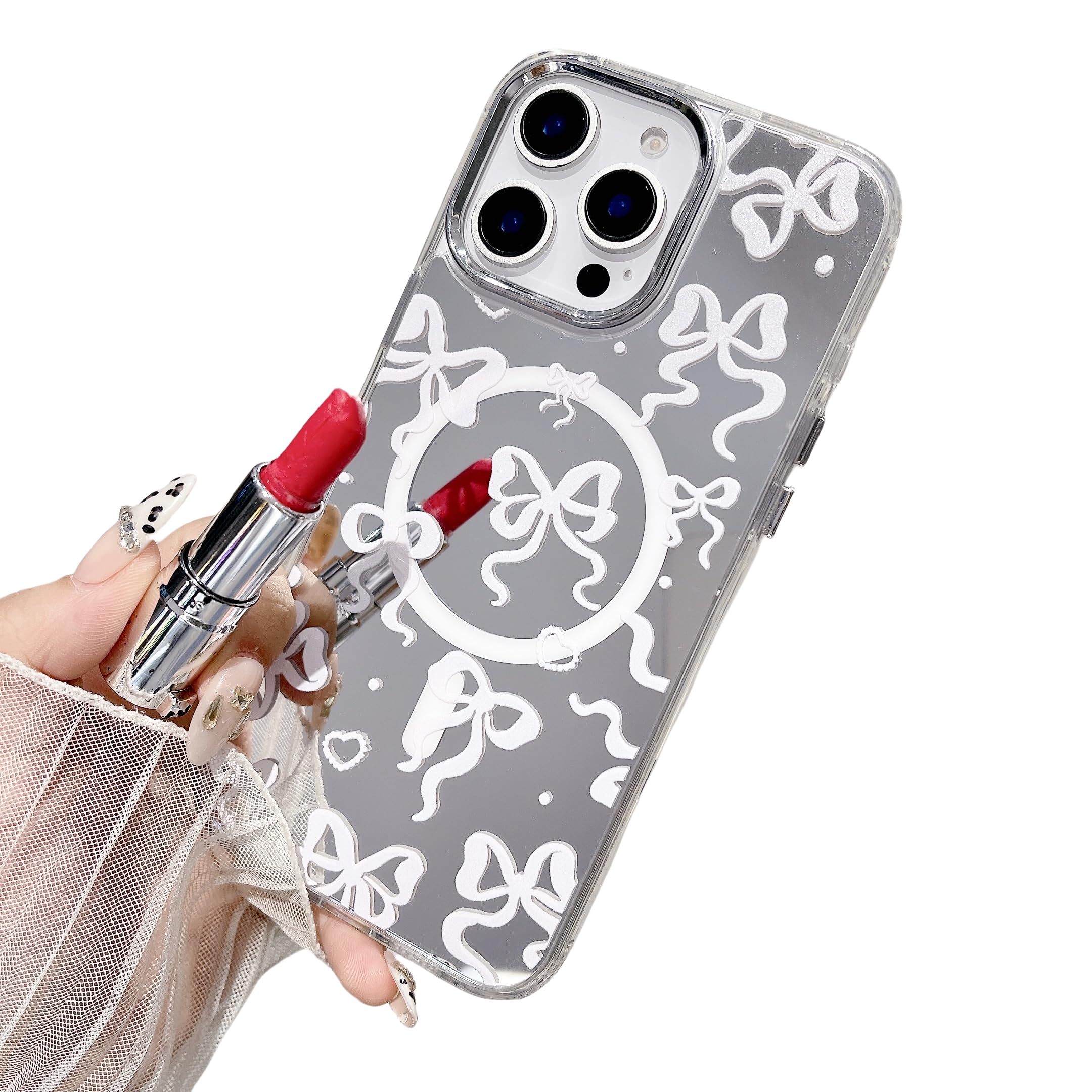 Mirror Magnetic Case for iPhone 14/iPhone 13 [Compatible with MagSafe] Cute White Ribbon Bows Bowknot Pattern for Women Girls Mirror Makeup Cover with