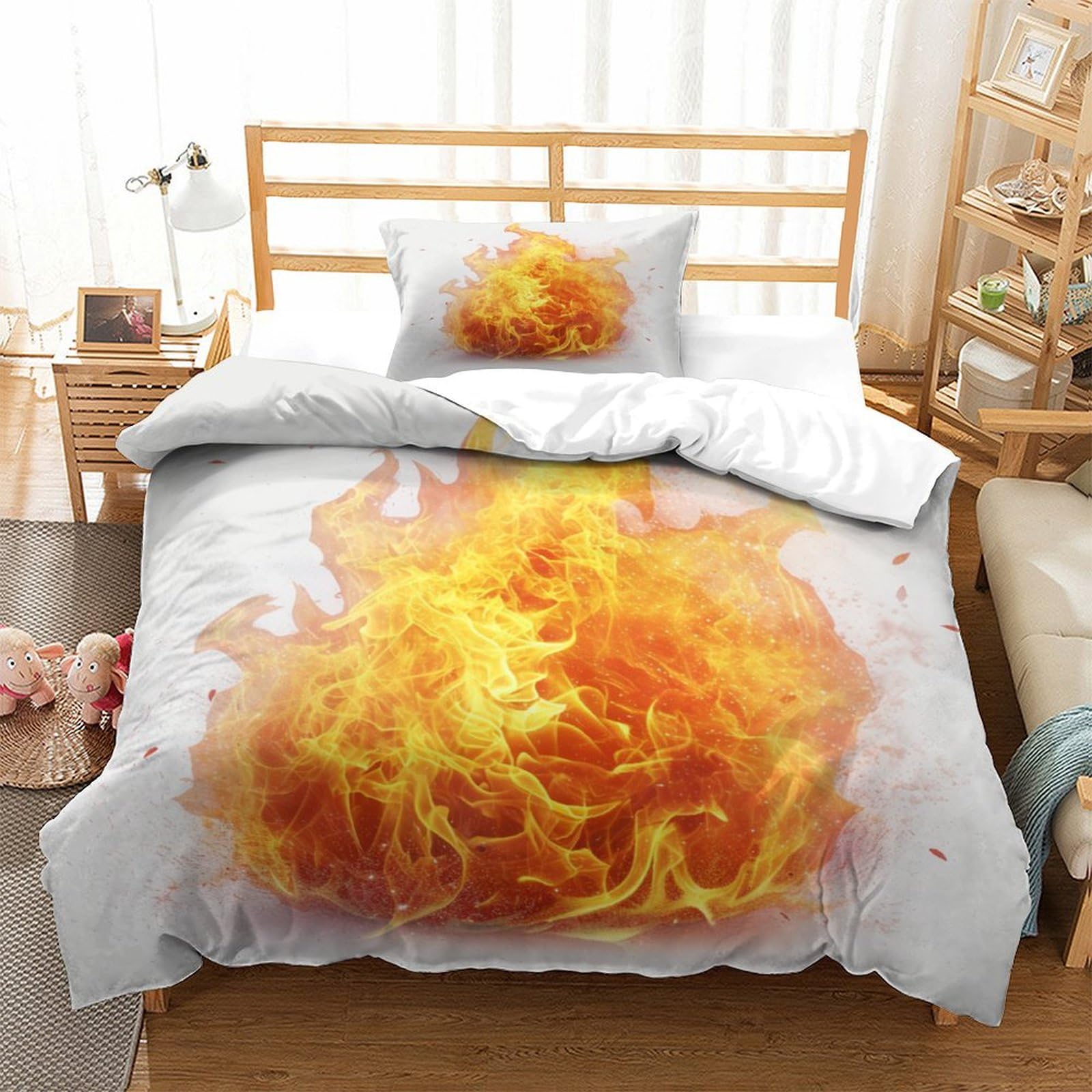 P1s9u7w5y Burning Fire 3D Printed Flame Design Microfiber 3Pcs Duvet Cover Set Fiery Print Bedding Set Single（135X200cm）