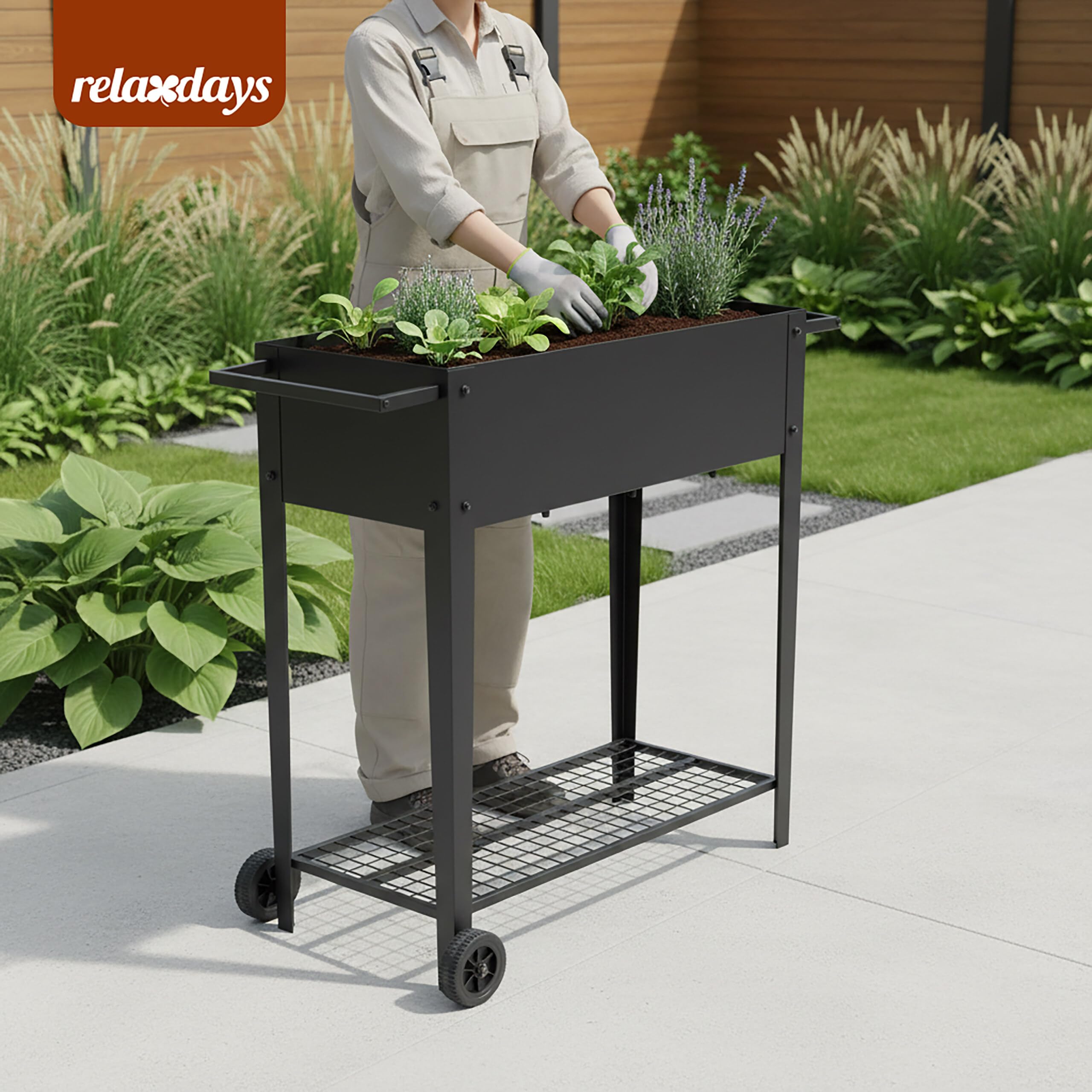 Relaxdays Hochbeet, Gitterablage, 2 Räder, Garten, Balkon & Terrasse, HxBxT: 80 x 85 x 50 cm, mobiles Tischbeet, schwarz