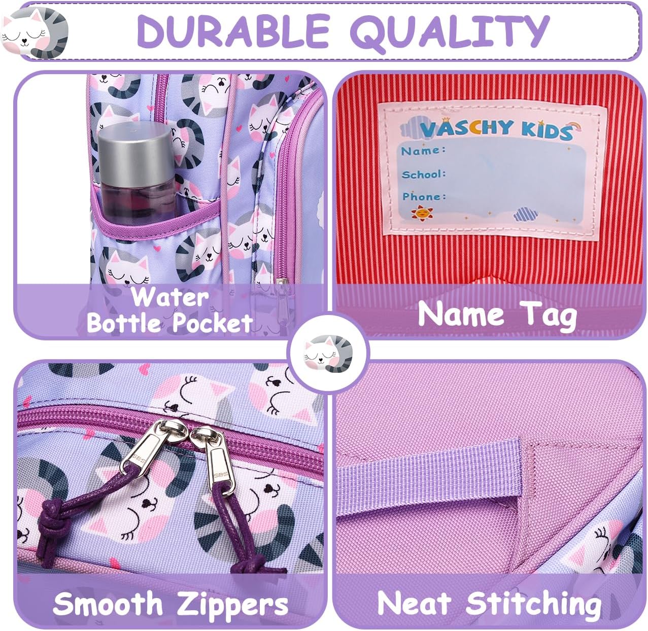 VASCHY Toddler Kids backpacks, Cute Lightweight Water Resistant Preschool Kindergarten Backpack for Girls Purple Cats - Image 3