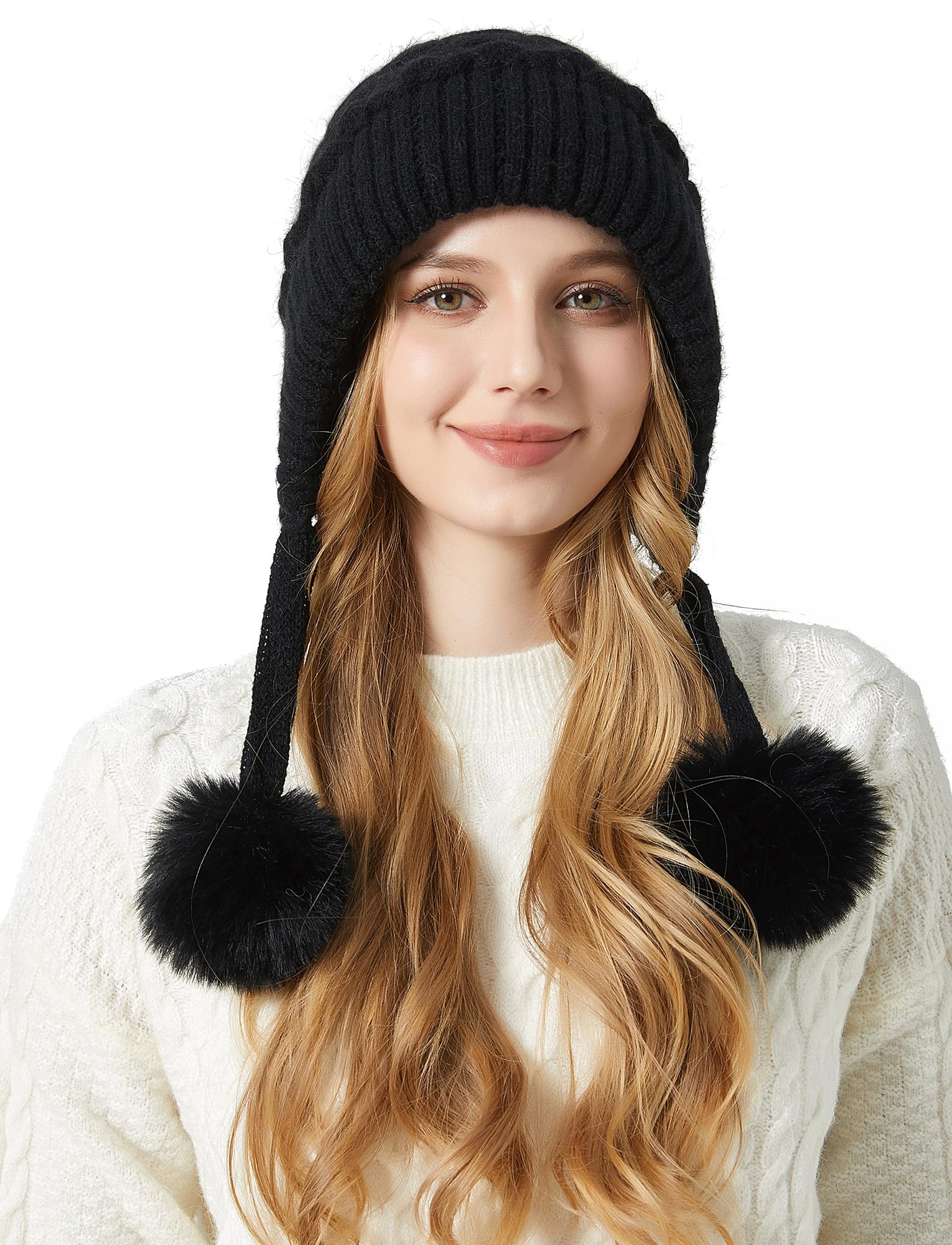 FEOYA Berretto invernale da donna con pompon, in pelliccia sintetica, caldo, foderato in pile, berretto da sci da donna, berretto da neve, nero